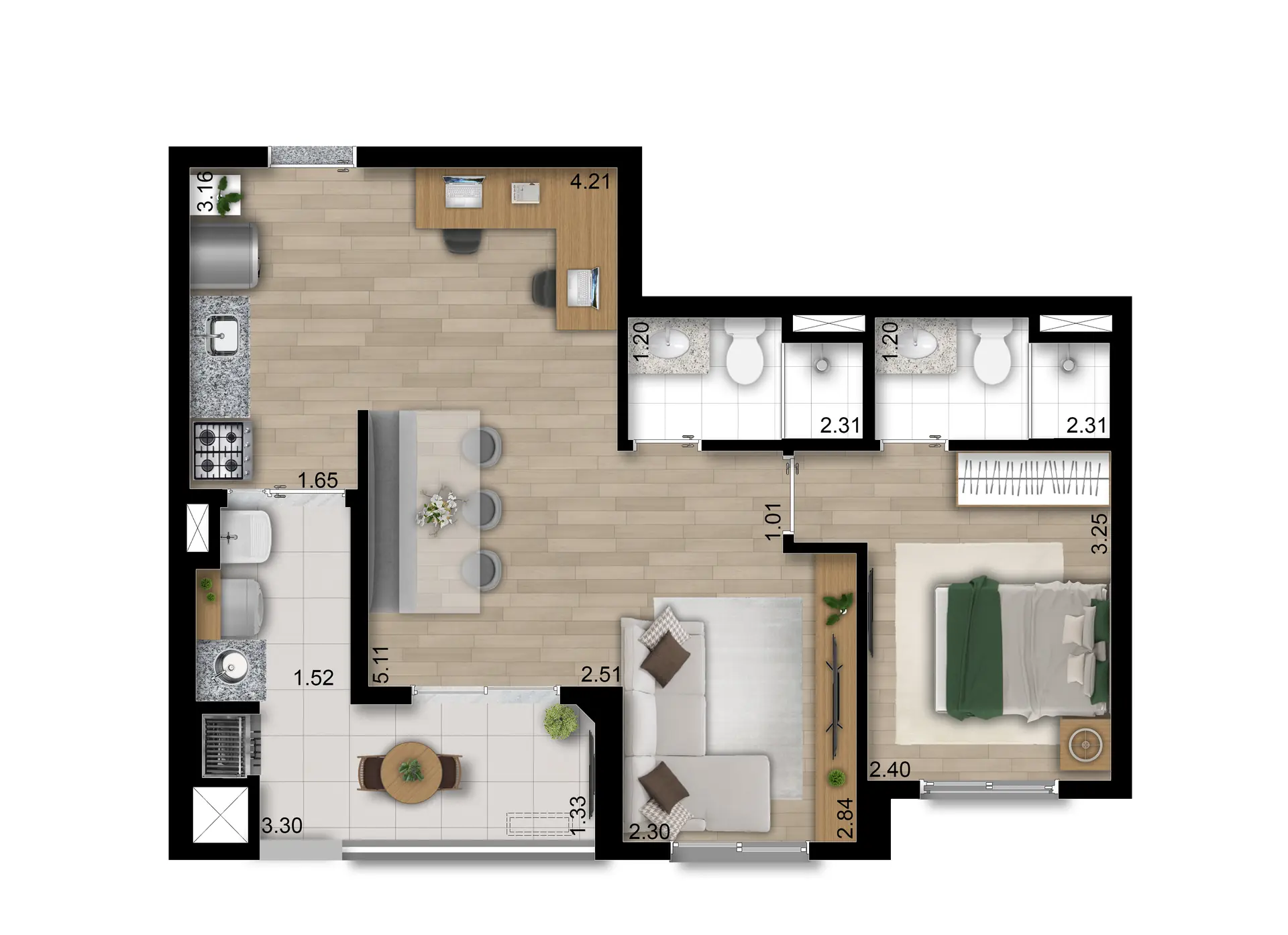 Planta Tipo B Meio Ampliada 56M²