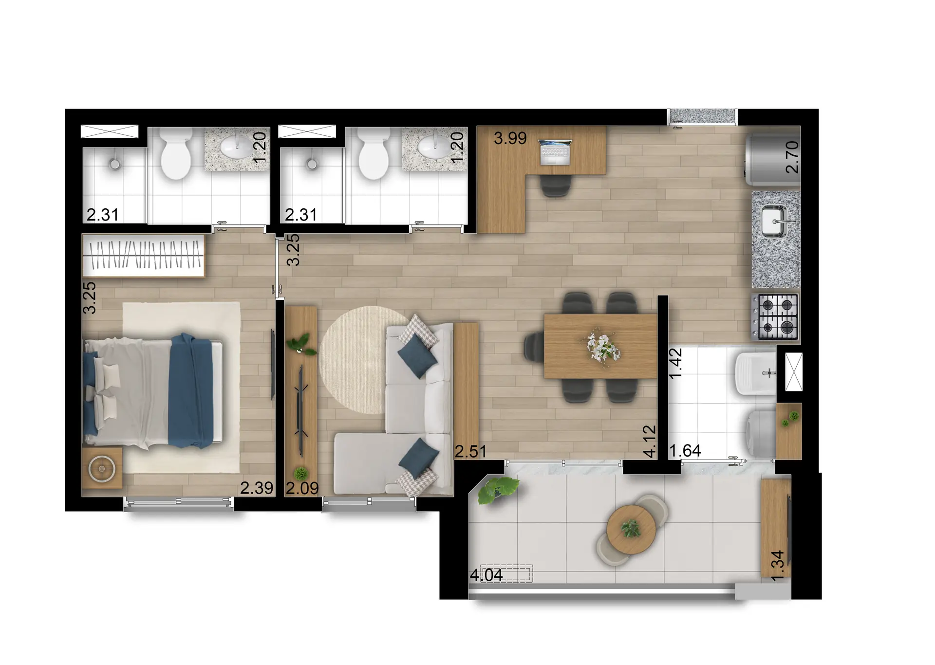 Planta Tipo C Meio Opção Ampliada 49M²