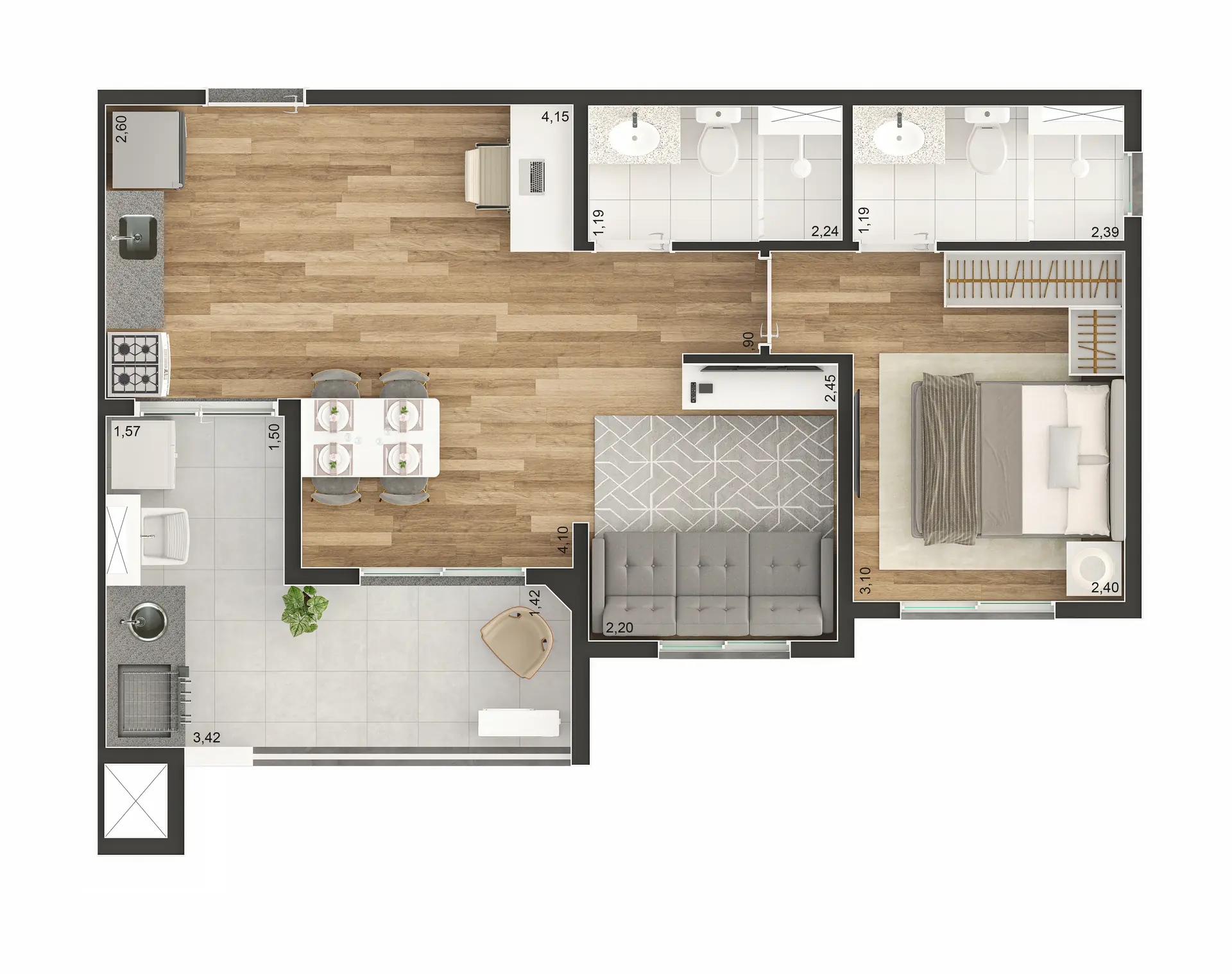 Planta Tipo H Ampliada 49M²