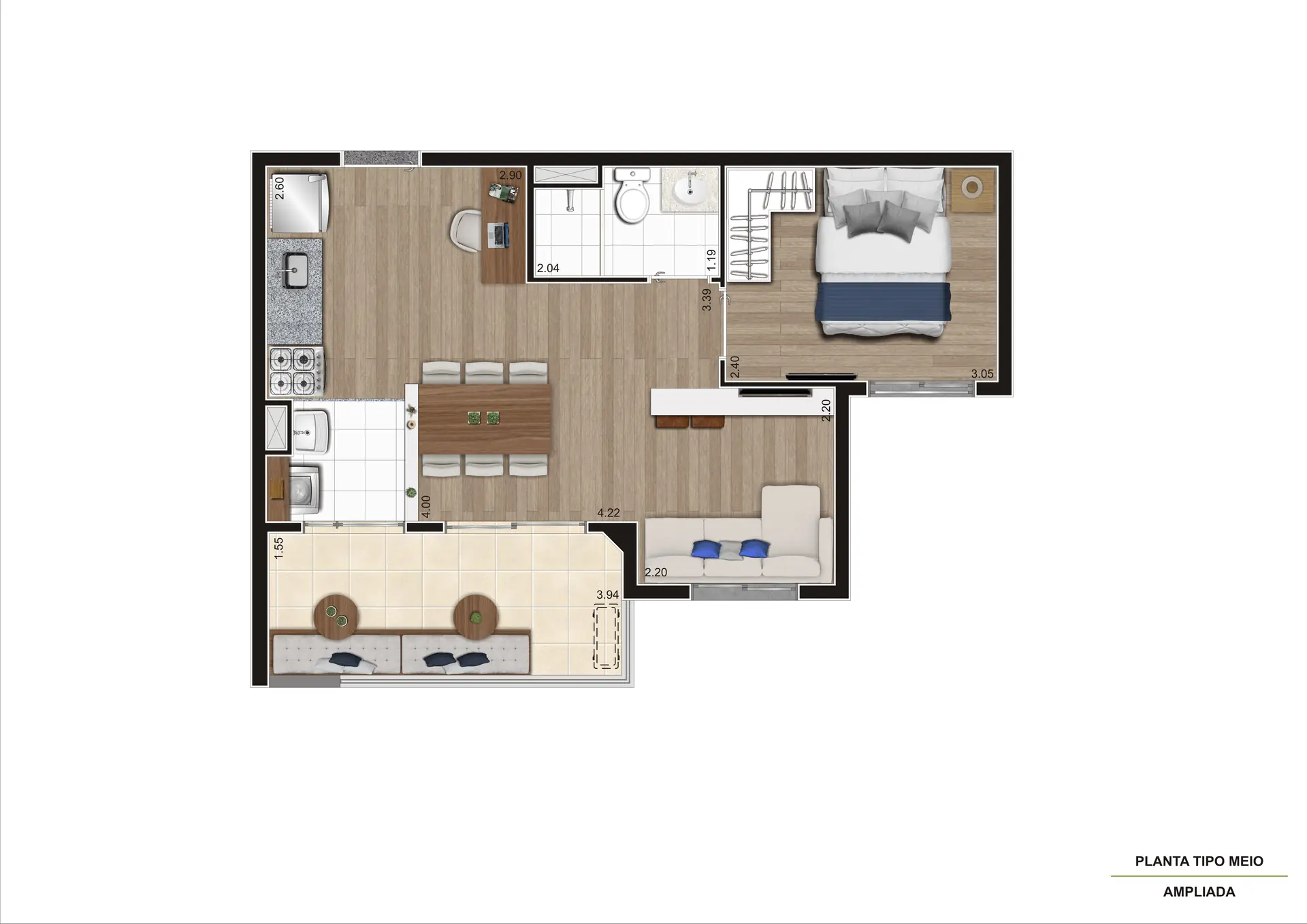 Planta Tipo B Meio Ampliado 43M²