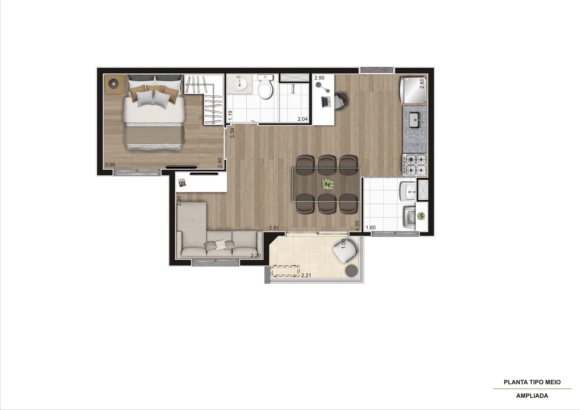 Planta Tipo C Meio Ampliada 39M²