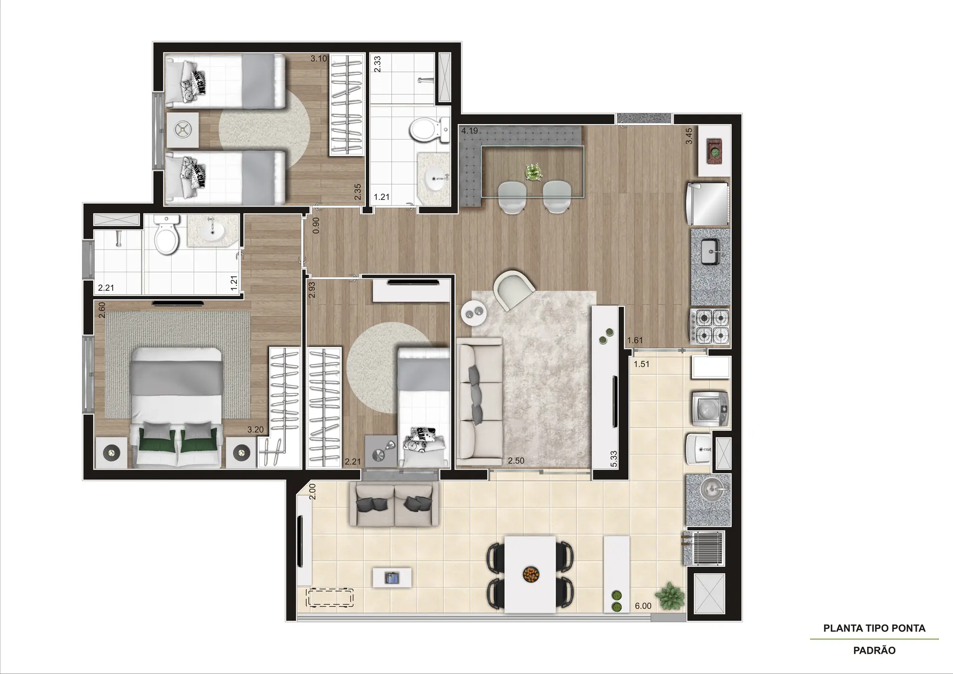 Planta Tipo Ponta 76M²