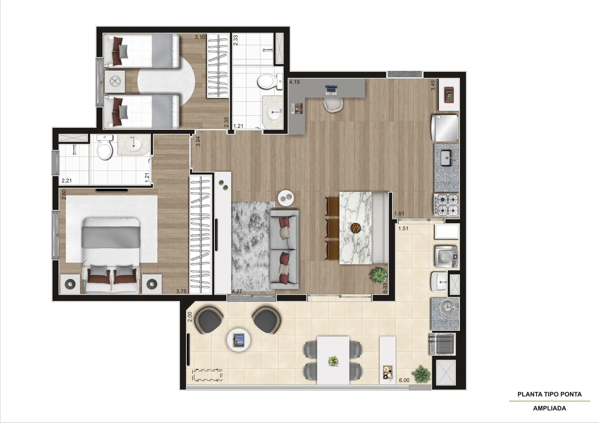 Planta Tipo Ponta Ampliada 76M²