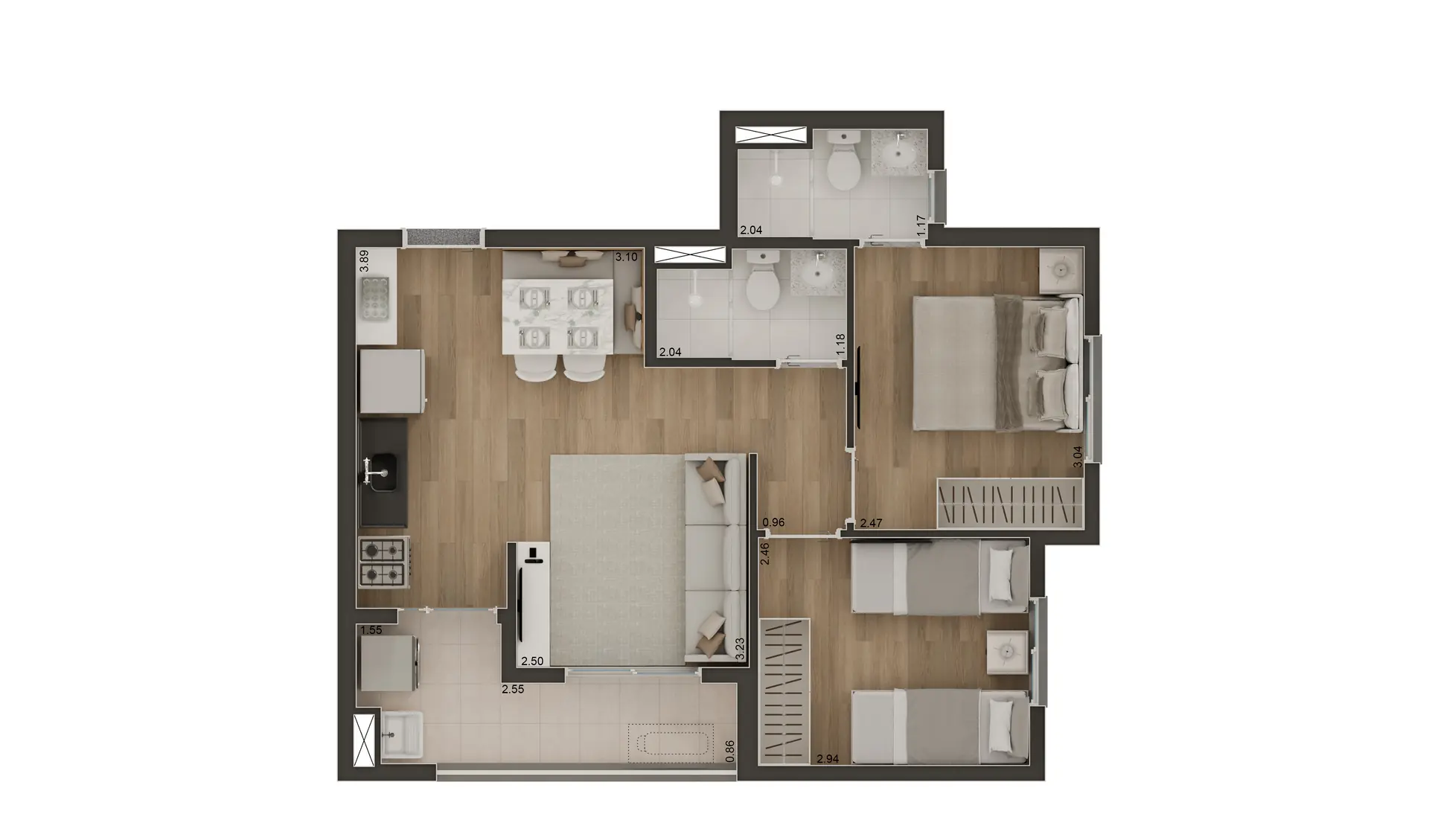 Tipo A - 49m² - 2 dorms (1 suíte) com terraço