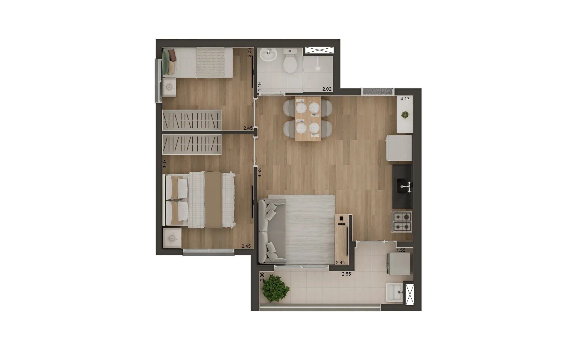 Tipo B - 43m² - 2 dorms com terraço
