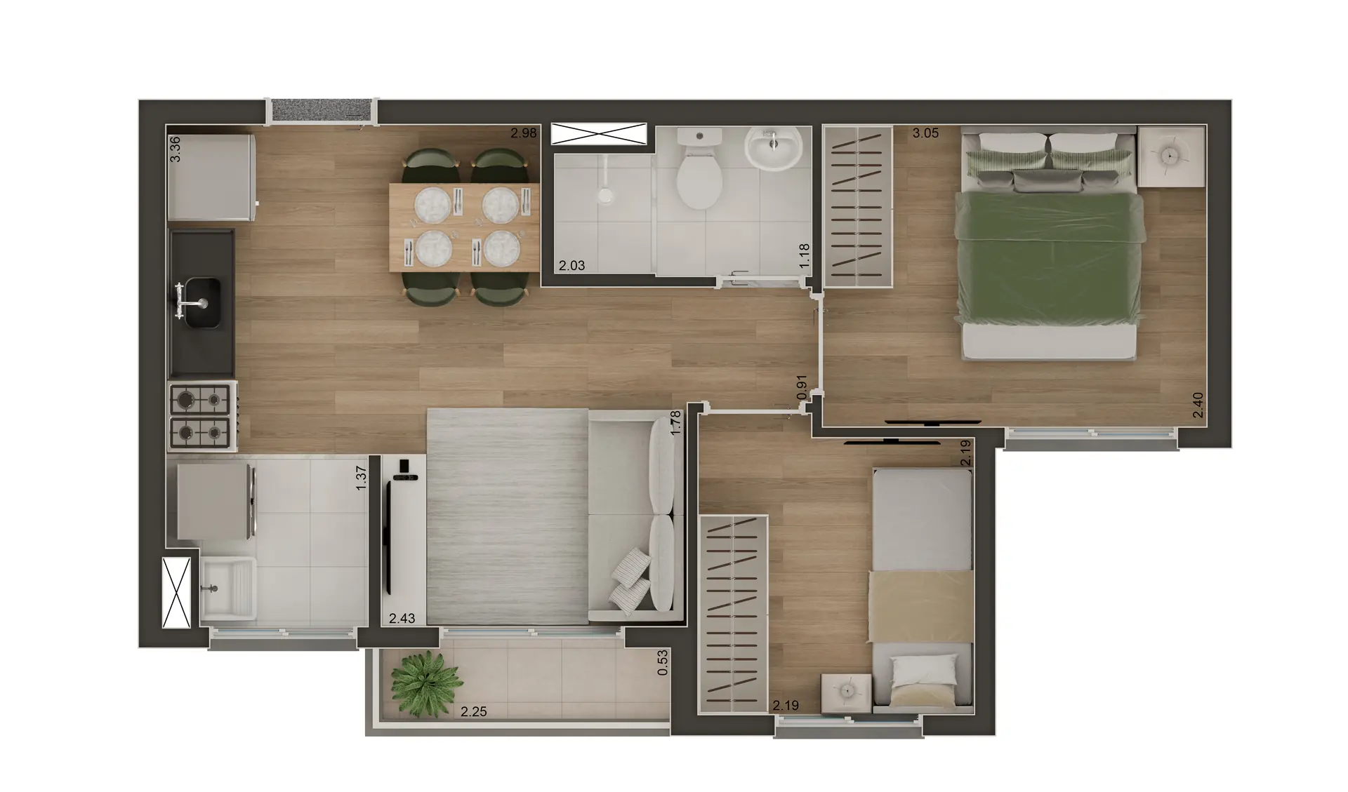 Tipo C - 37m² - 2 dorms com terraço
