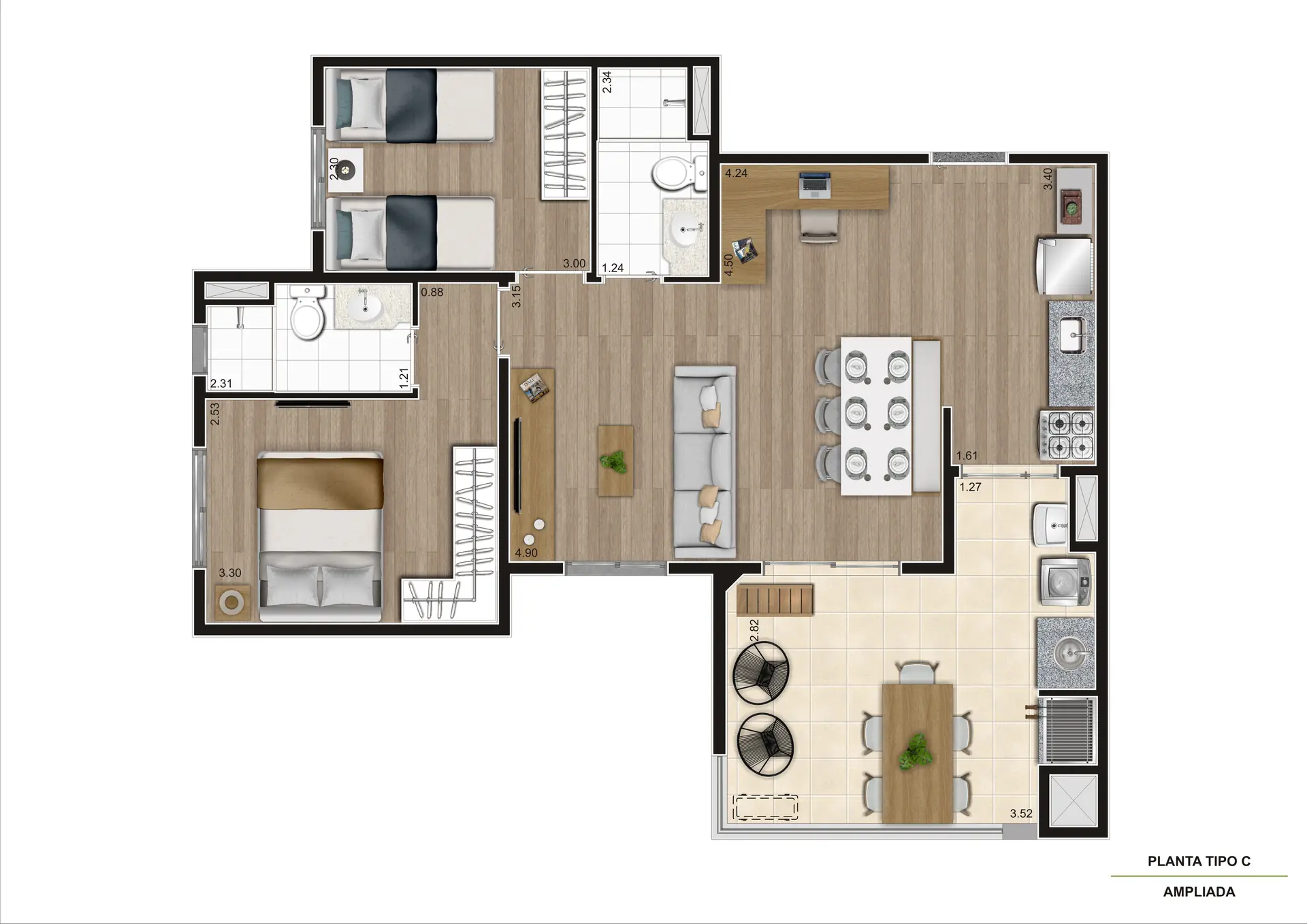 Planta Tipo C Ampliada 67M²