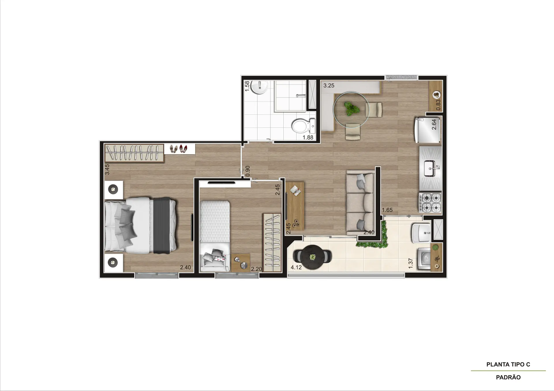 Planta Tipo C Meio 43M²