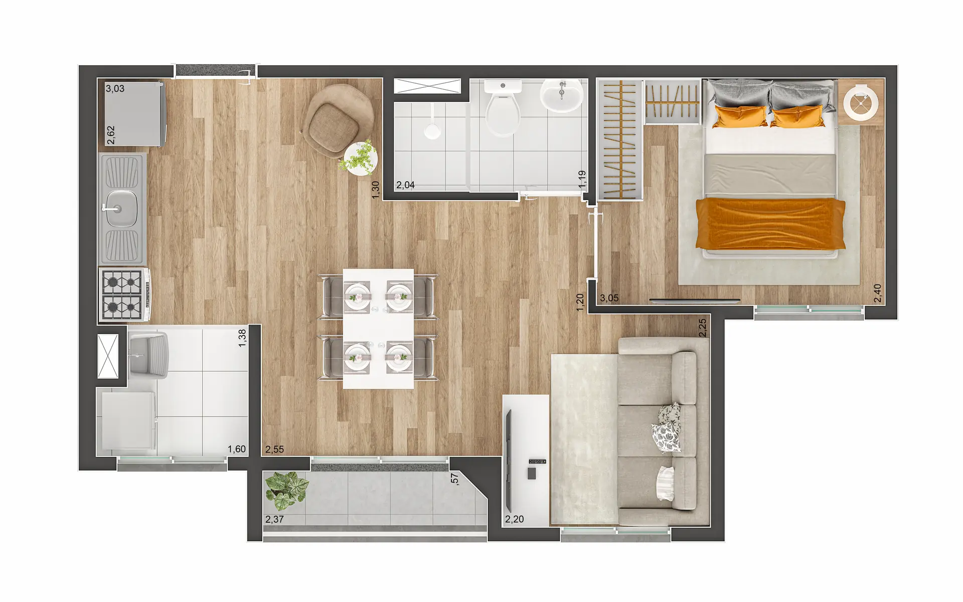 Planta Tipo B Ampliada Cotas 37M²