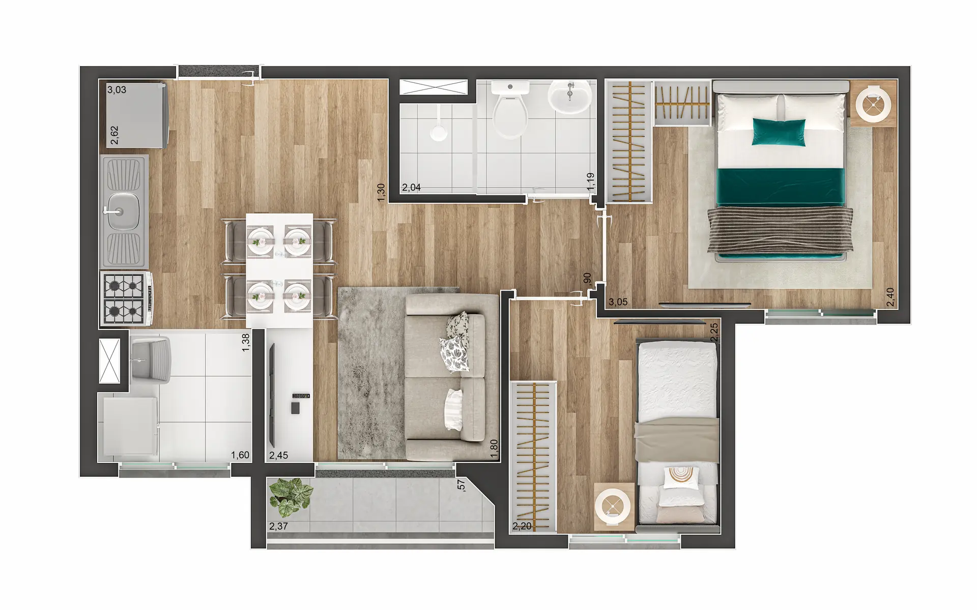 Planta Tipo B Cotas 37M²