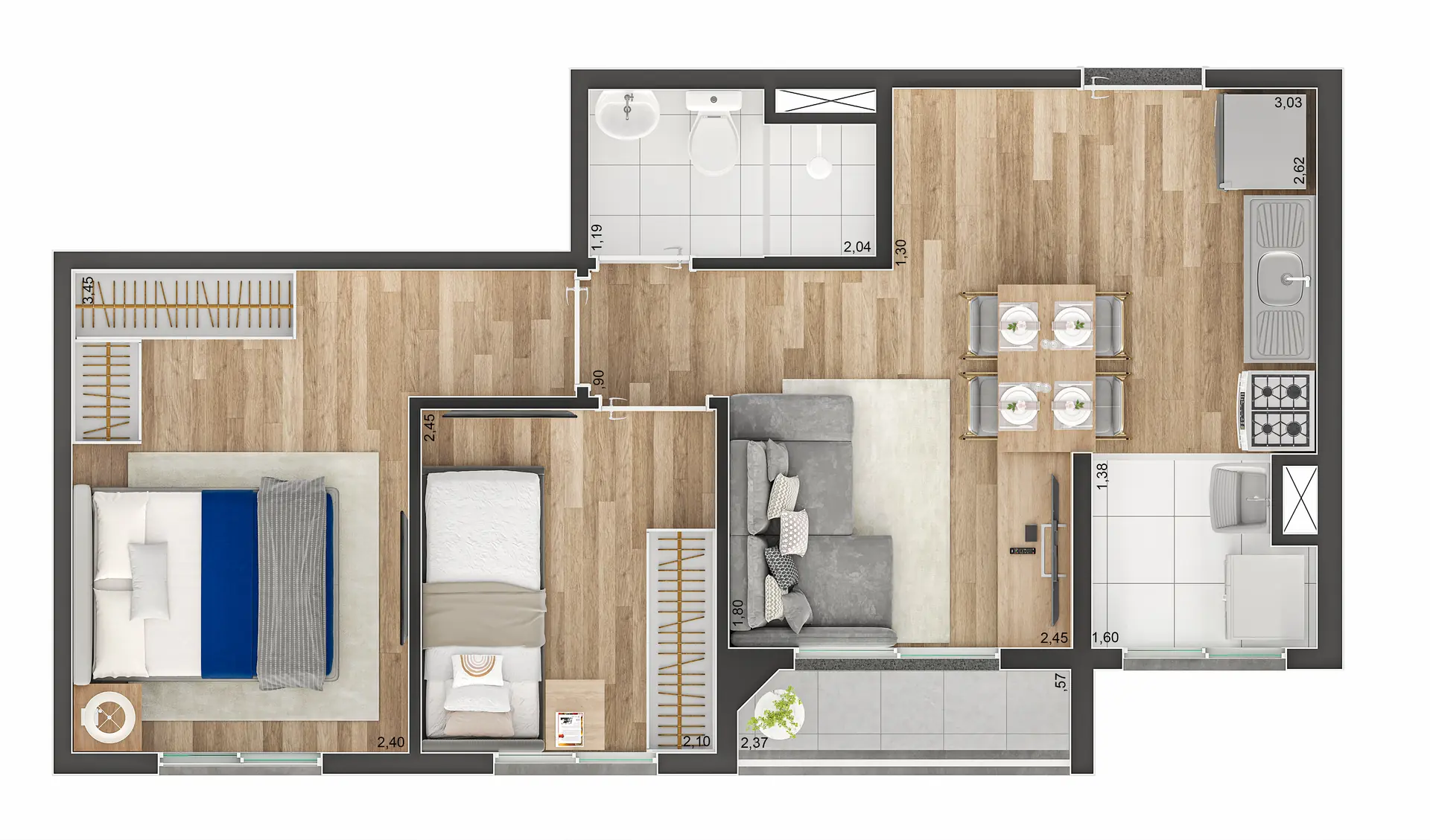 Planta Tipo C Cotas 39M²