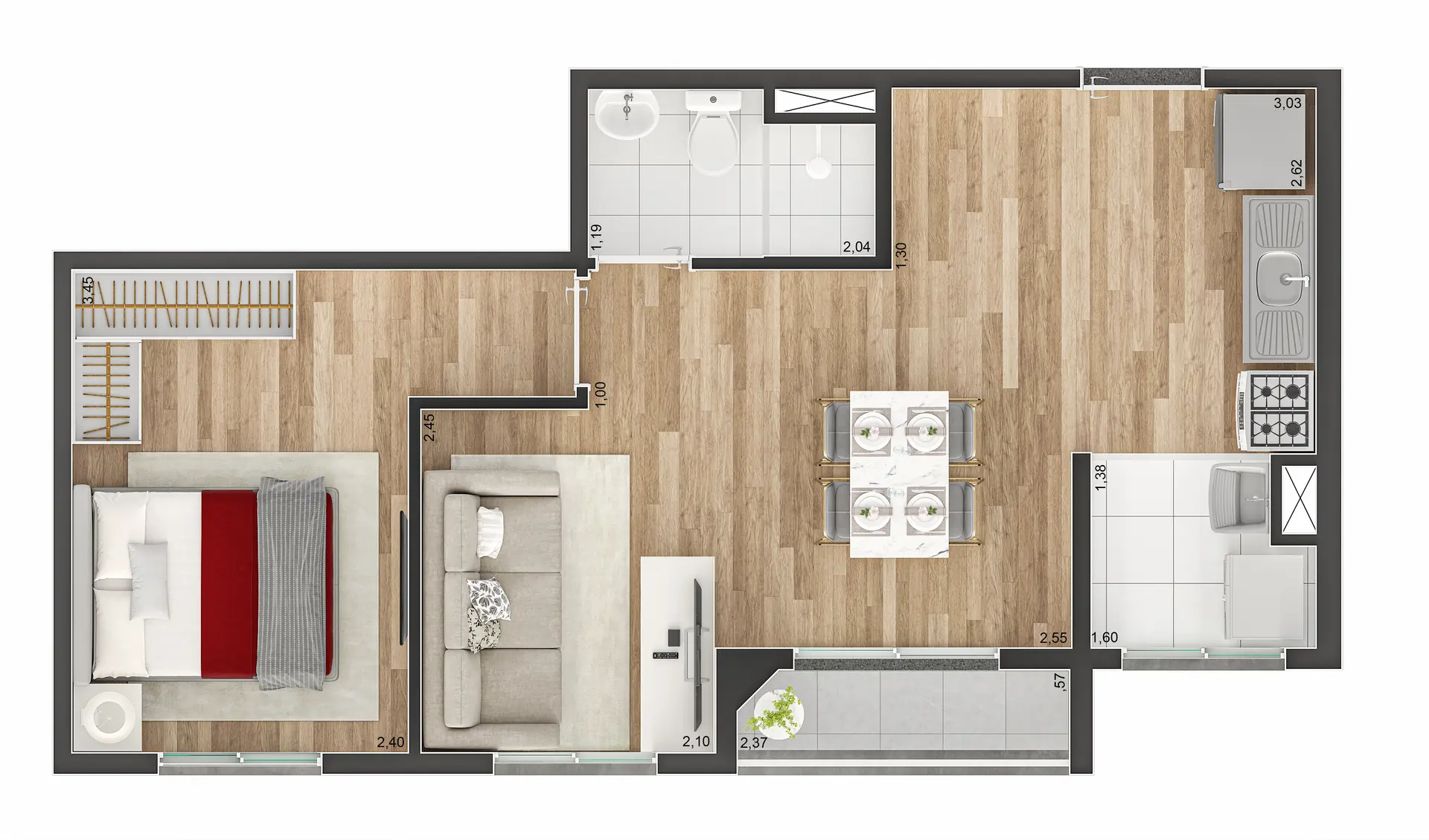 Planta Tipo C Ampliada Cotas 39M²