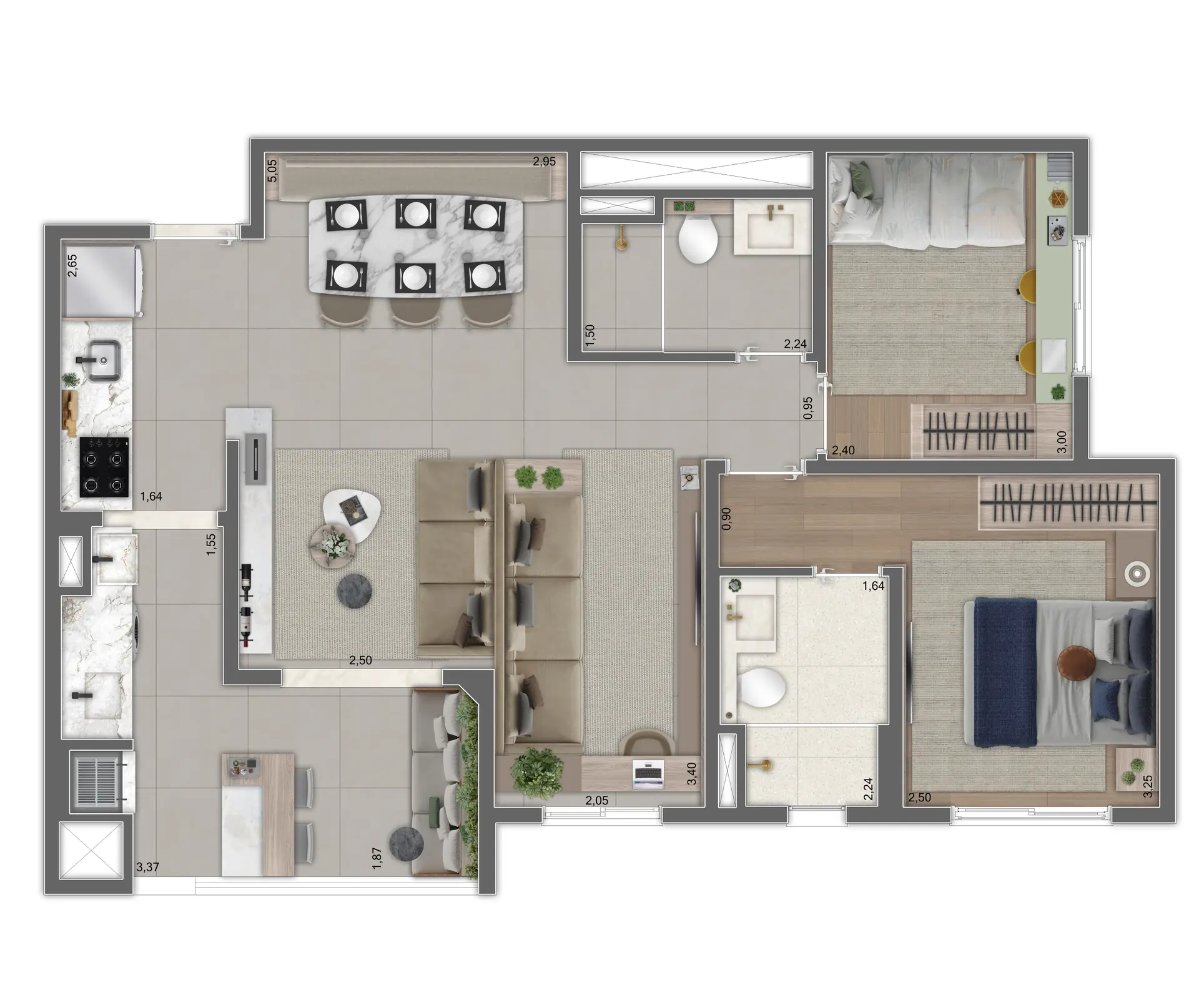 Planta Tipo A Ponta Ampliada Decorado   70,47 m²