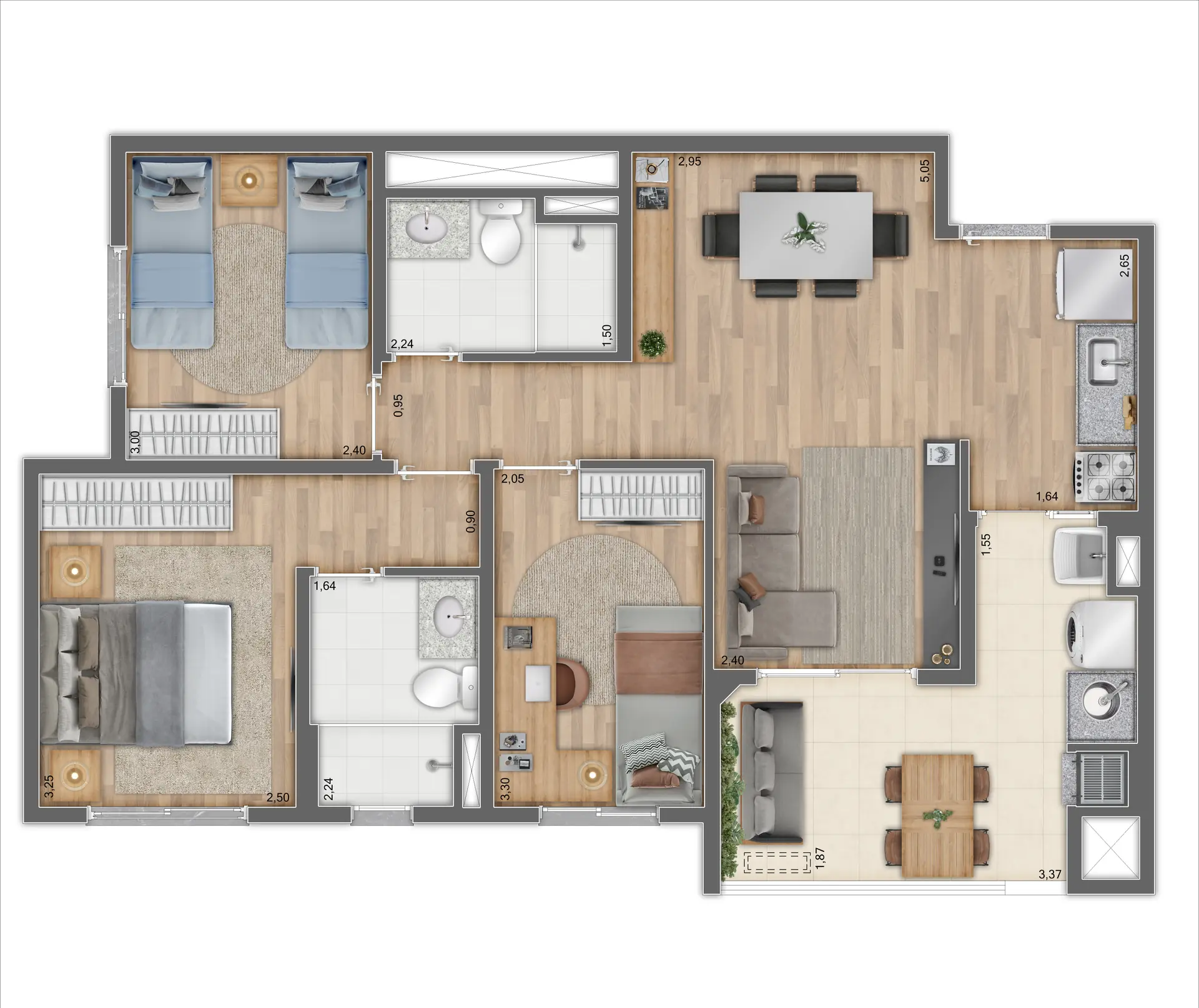 Planta Tipo A Ponta 70,47 m²