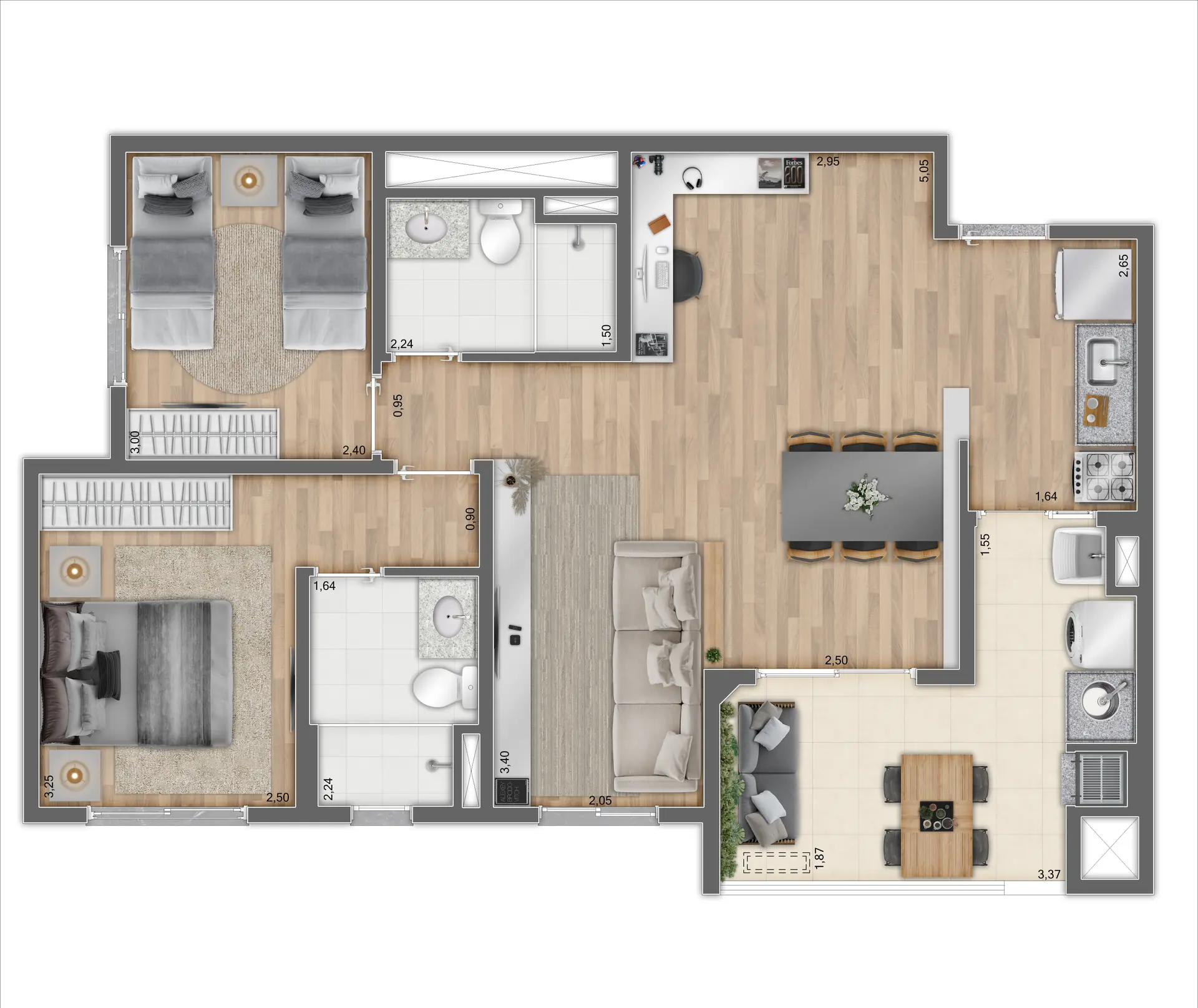Planta Tipo A Ponta Ampliada 70,47 m²