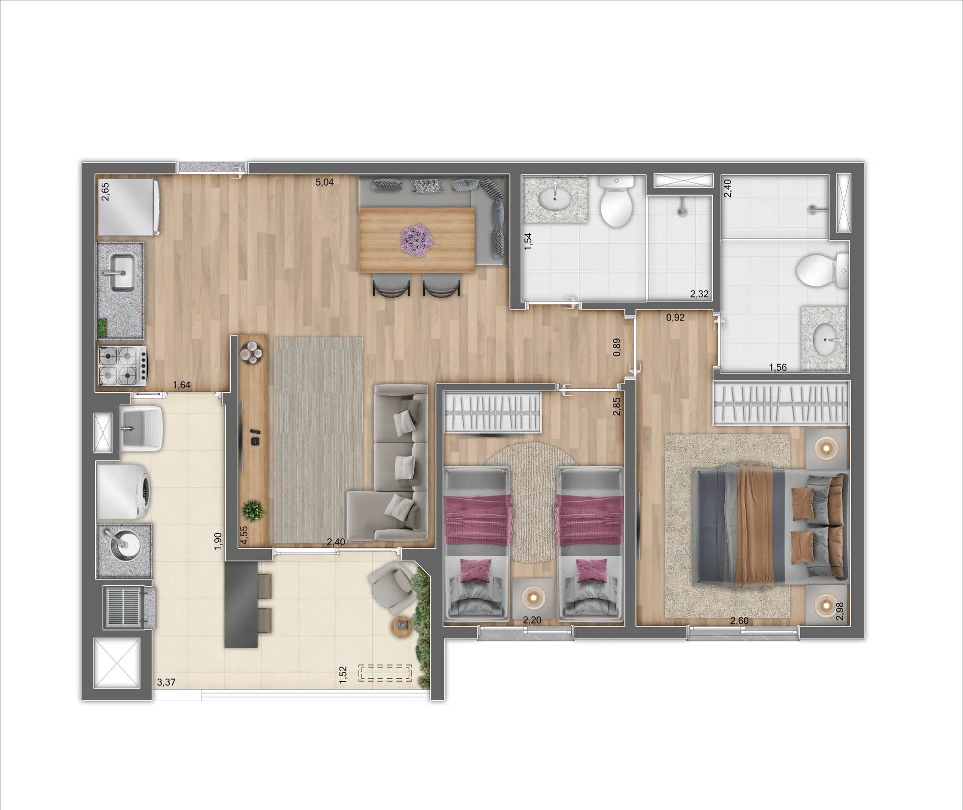 Planta Tipo B Meio 57,34 m²