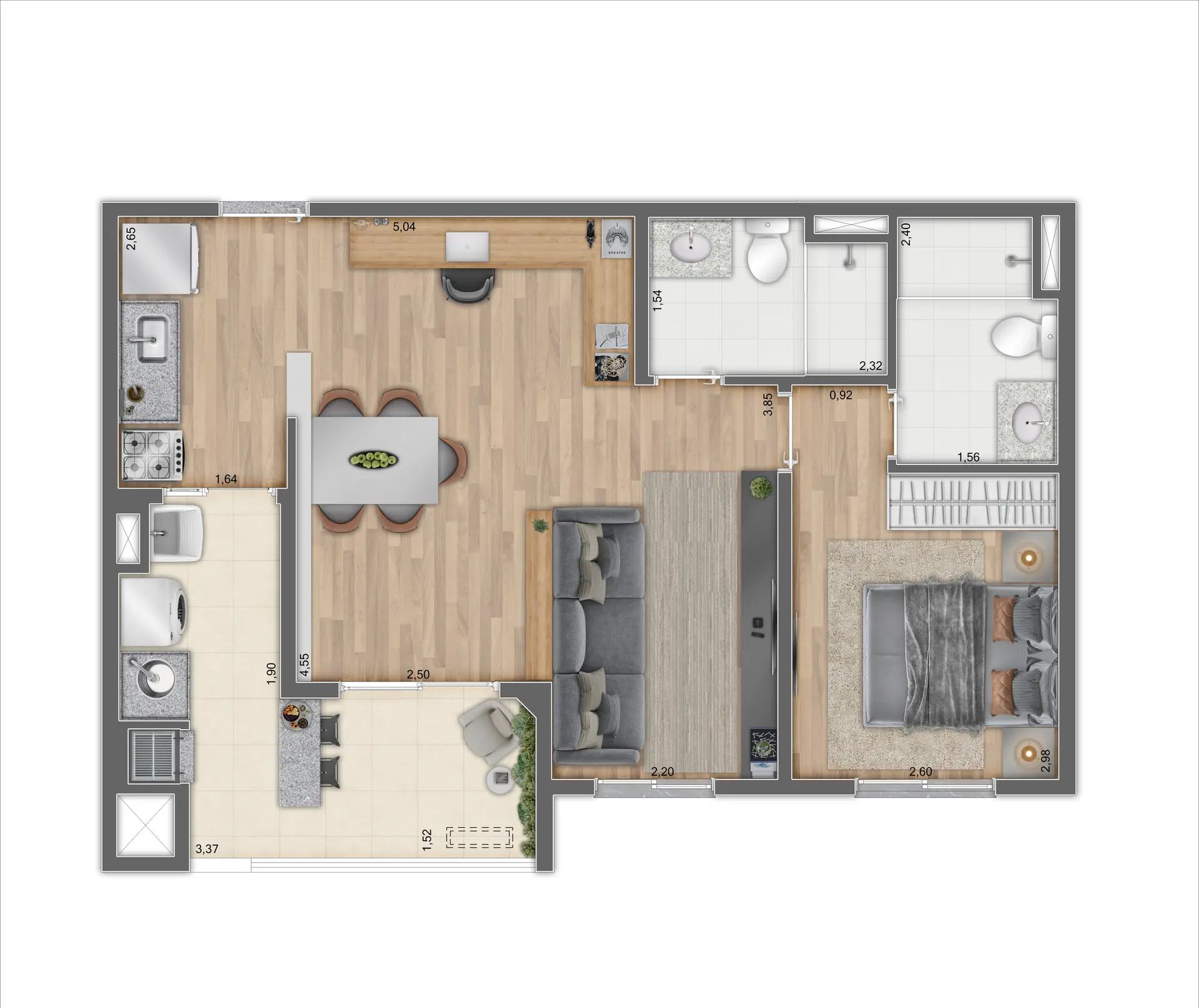 Planta Tipo B Meio Ampliada 57,34 m²