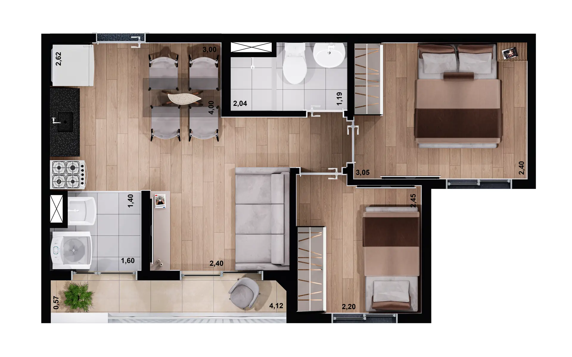 Planta Tipo B Final 06 e 07 Torre A, B, C e Final 04, 05, 08, 09 Torre D   38 m²