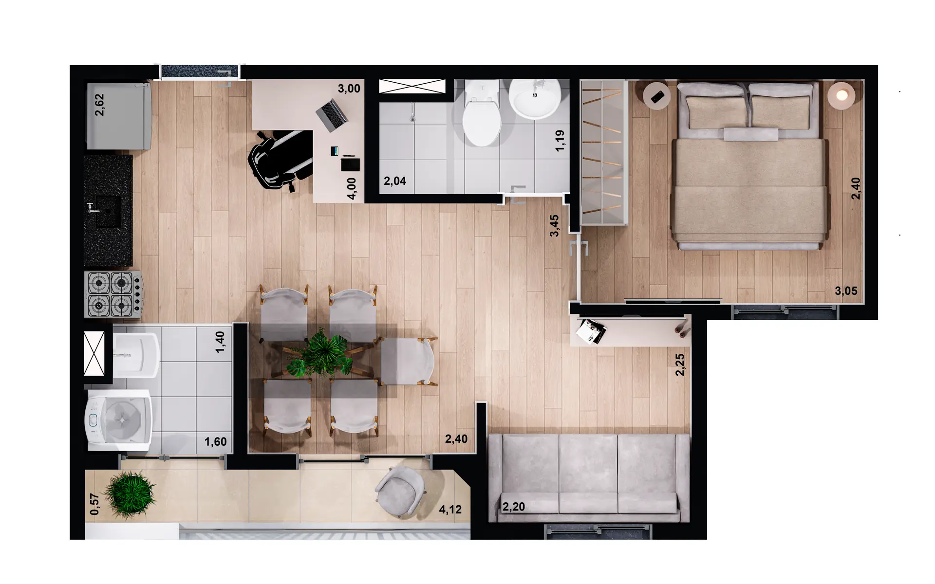 Planta Tipo B Ampliada Final 06 e 07 Torre A, B, C Final 04, 05, 08, 09, Torre, D   38m²