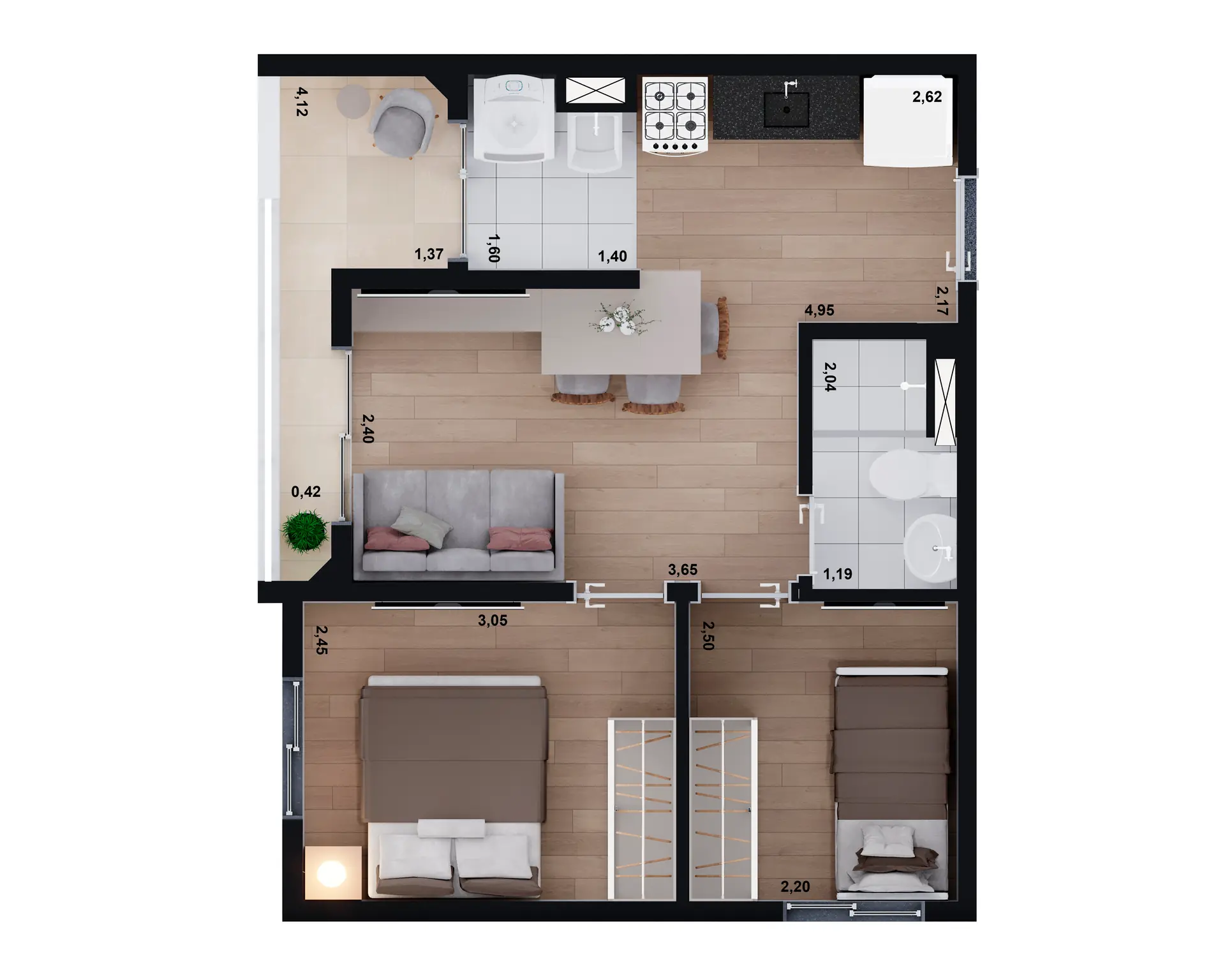 Planta Tipo A   Final 02 e 09 Torre A B C e Final 02 e 11 Torre D   39 m²