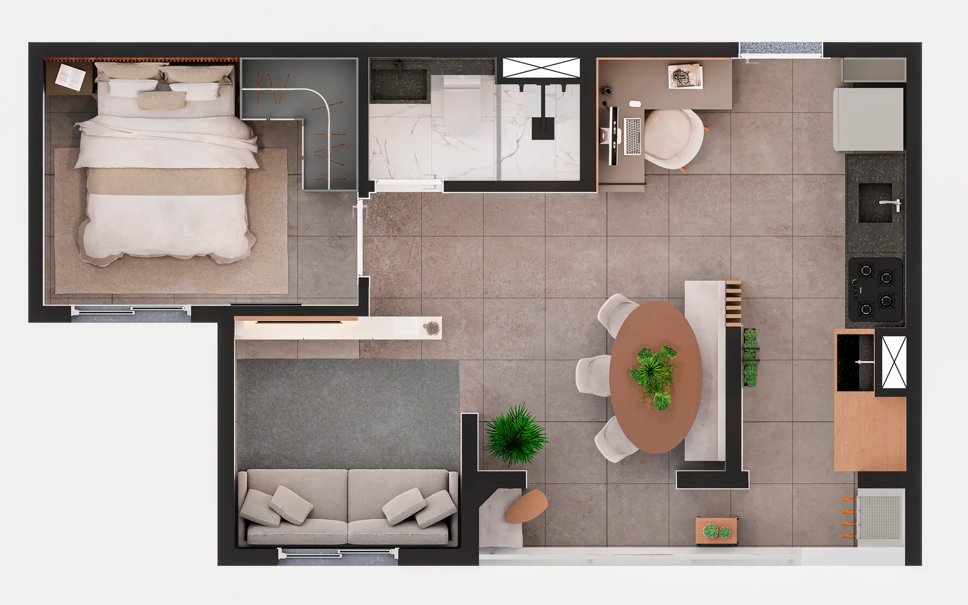 Planta Decorado Final 06 e 07 Torre A, B, C e Final 04, 05, 08, 09 Torre D   38m²