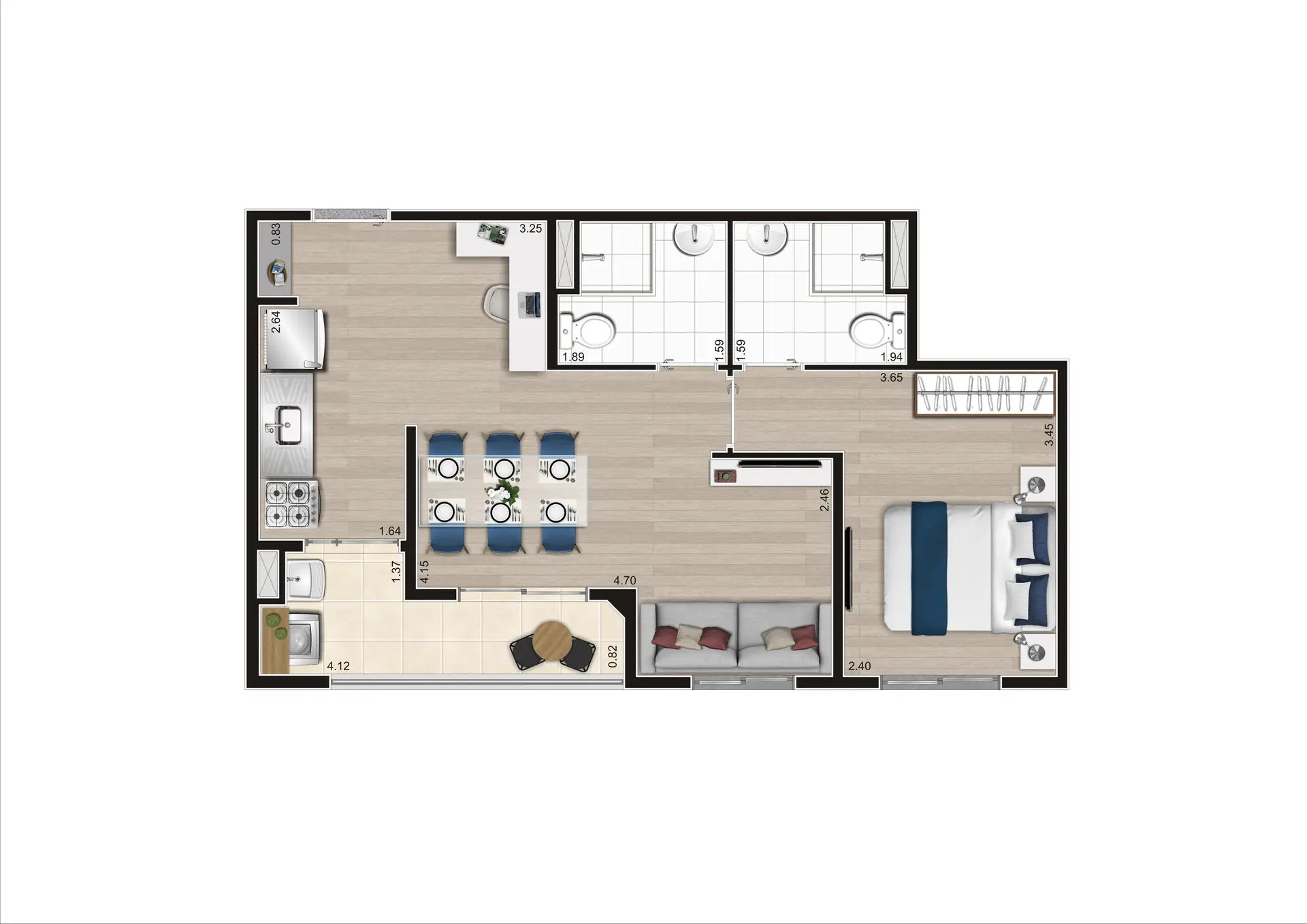 Planta Tipo 47,12m² Final 07 e 11 Torre A e B Ampliada