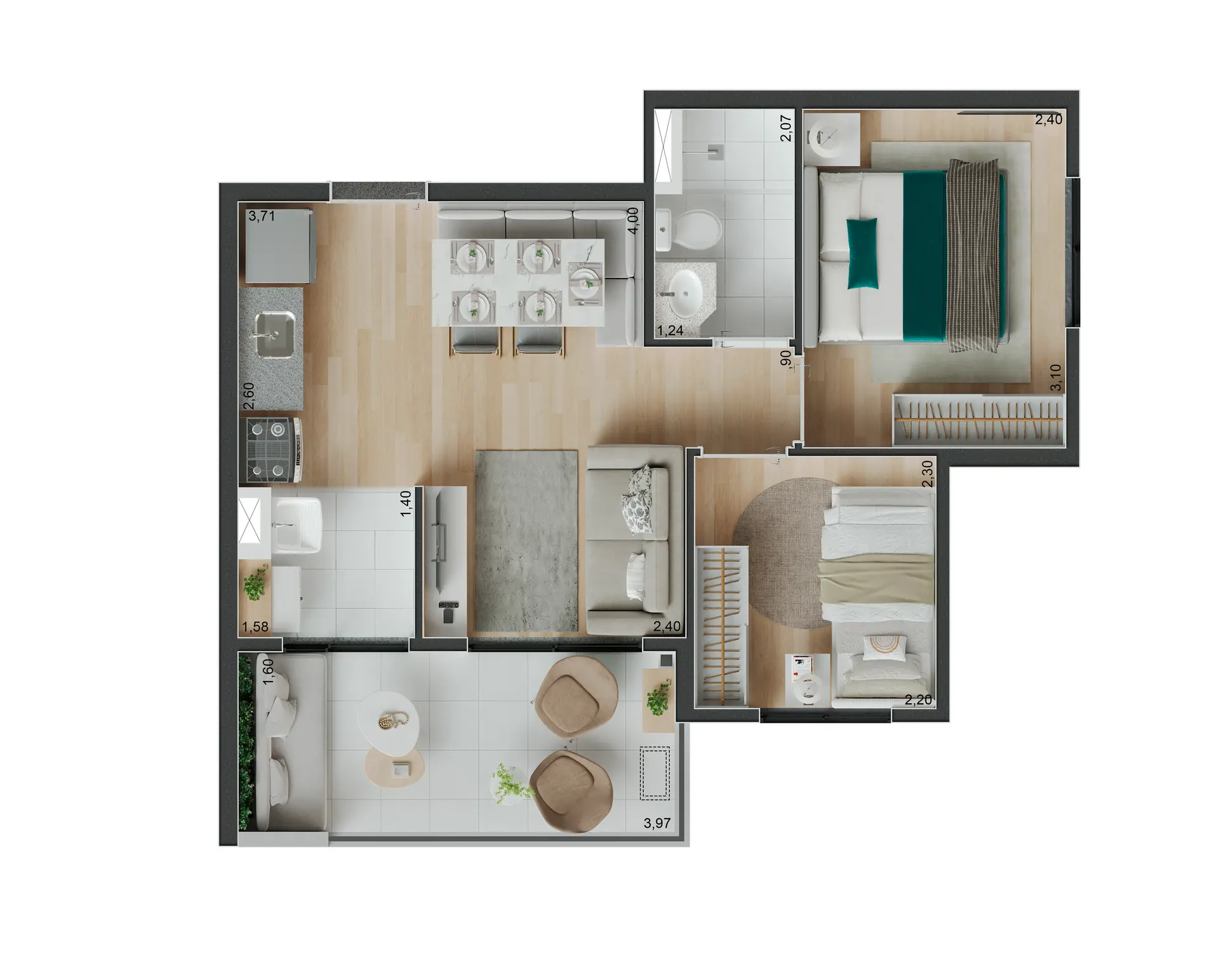 Planta Tipo Ponta   44,43m²