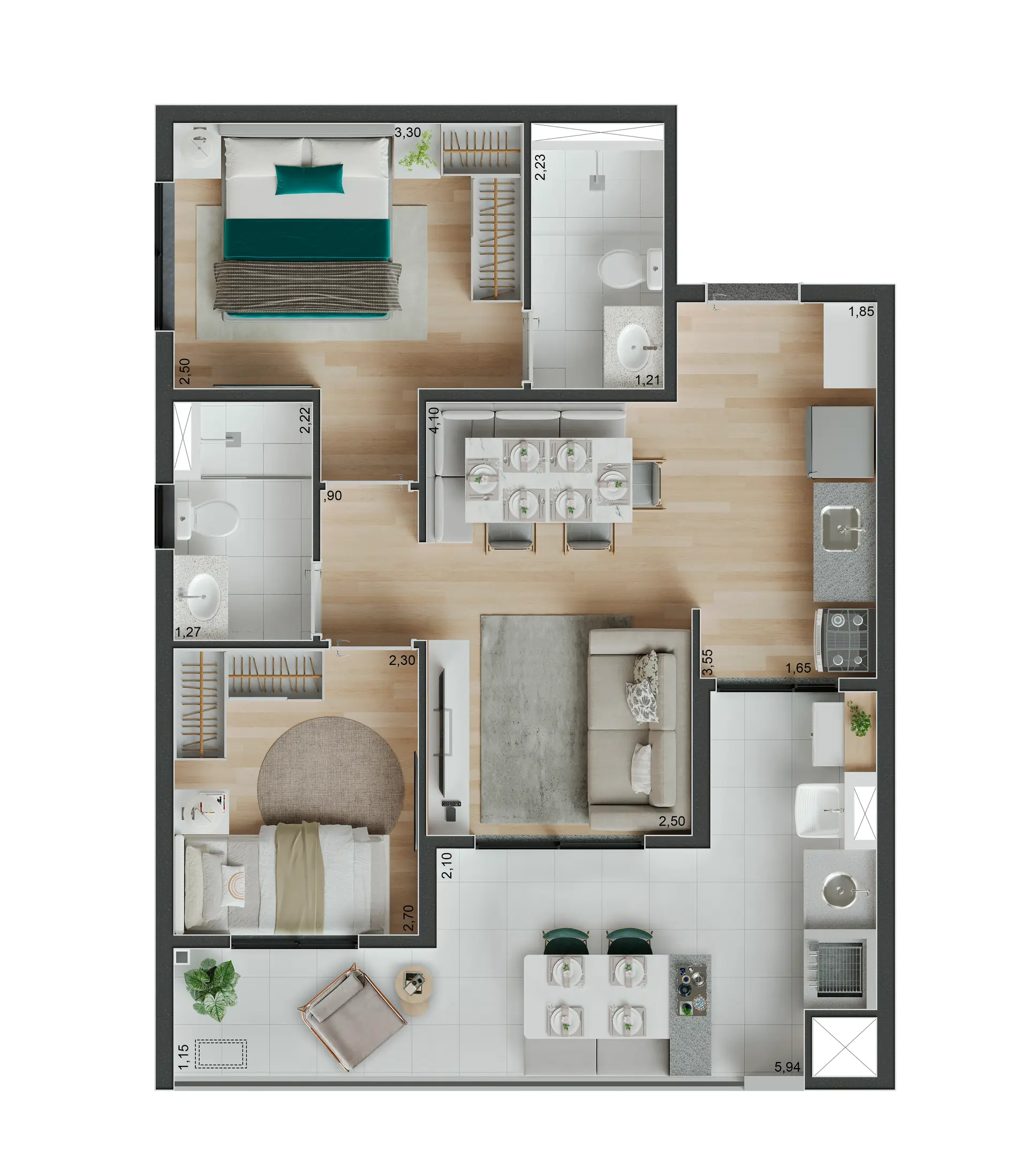 Planta Tipo Ponta   61,50m²