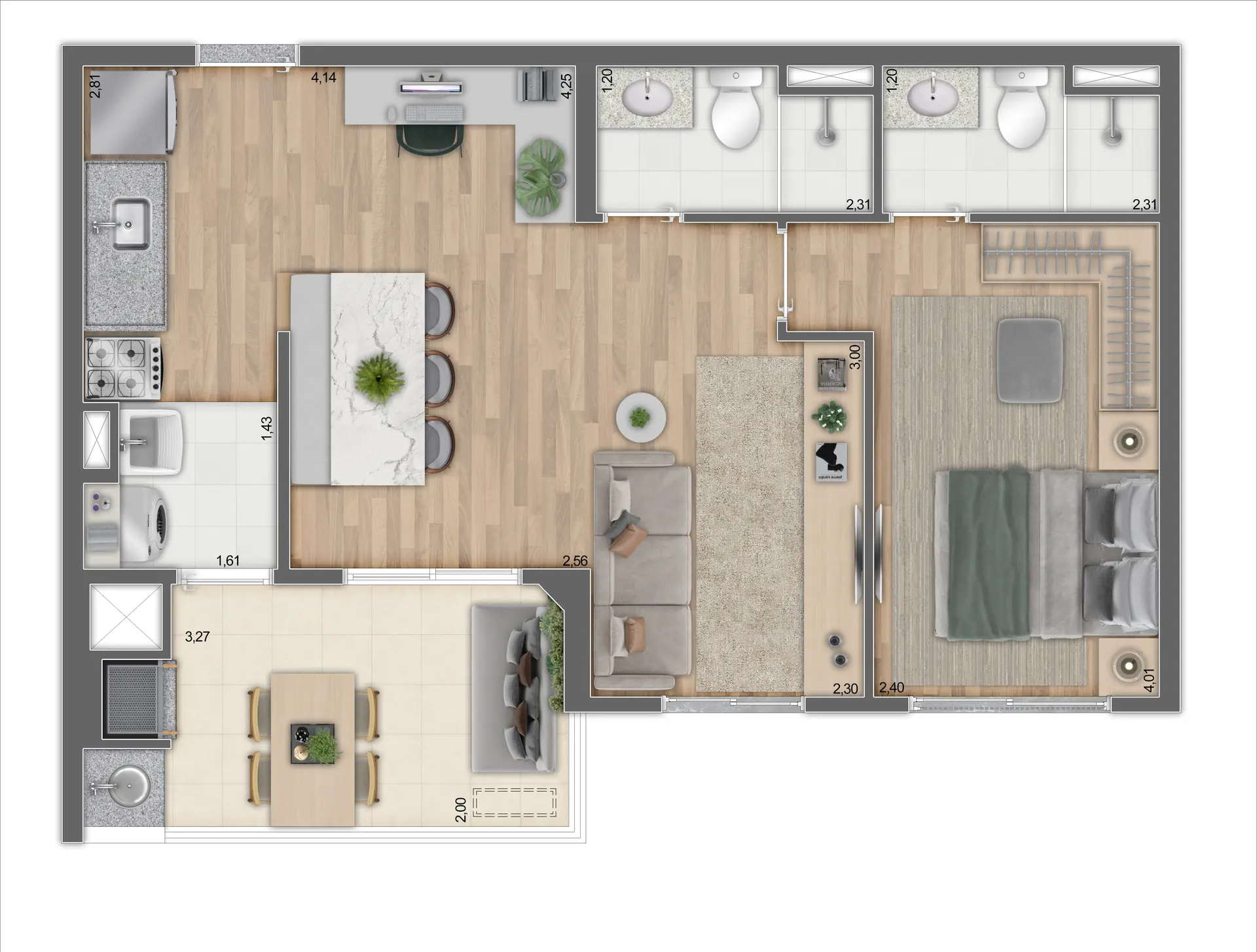 Planta Tipo B Meio Ampliada 57,87m²