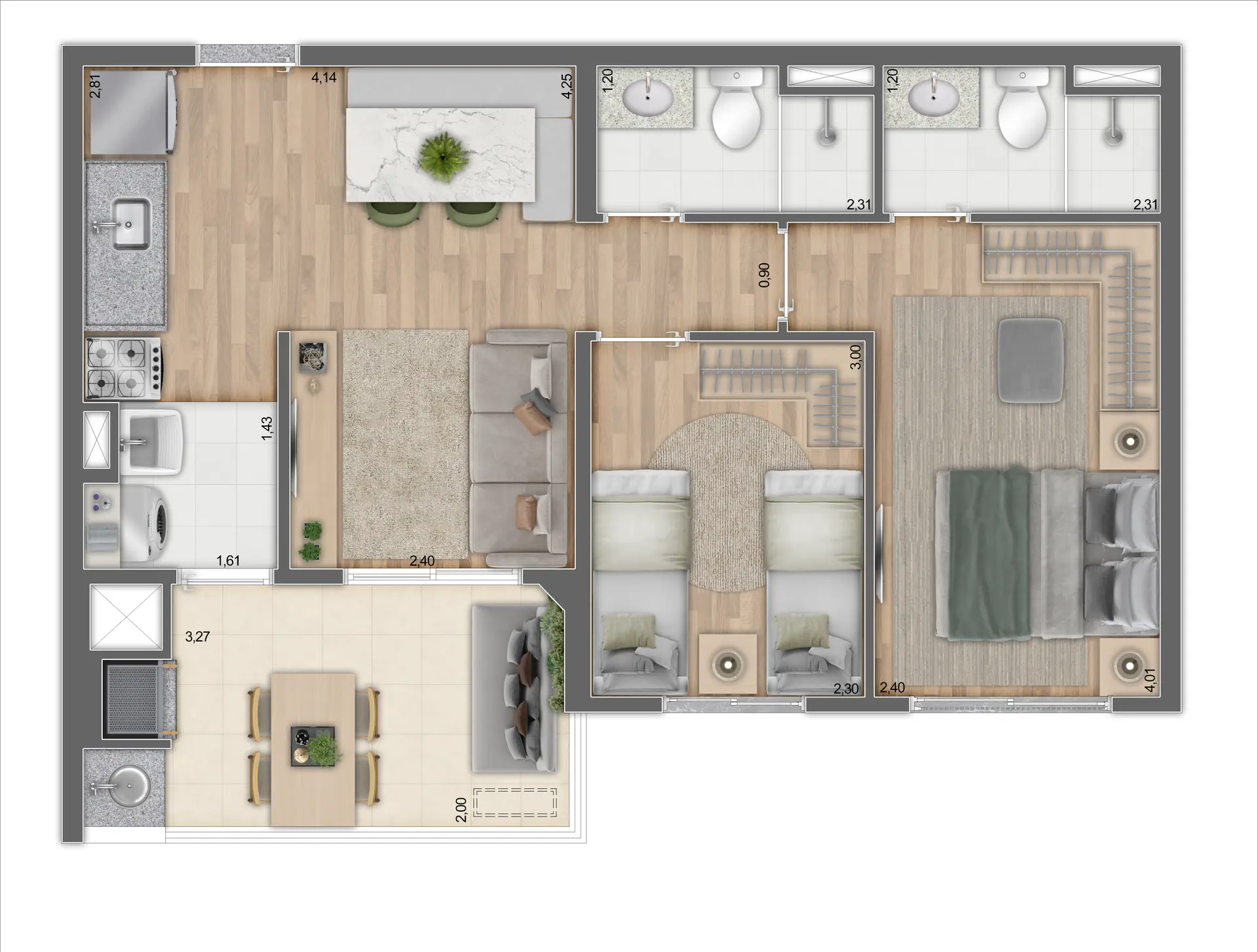 Planta Tipo B Meio 57,87m²