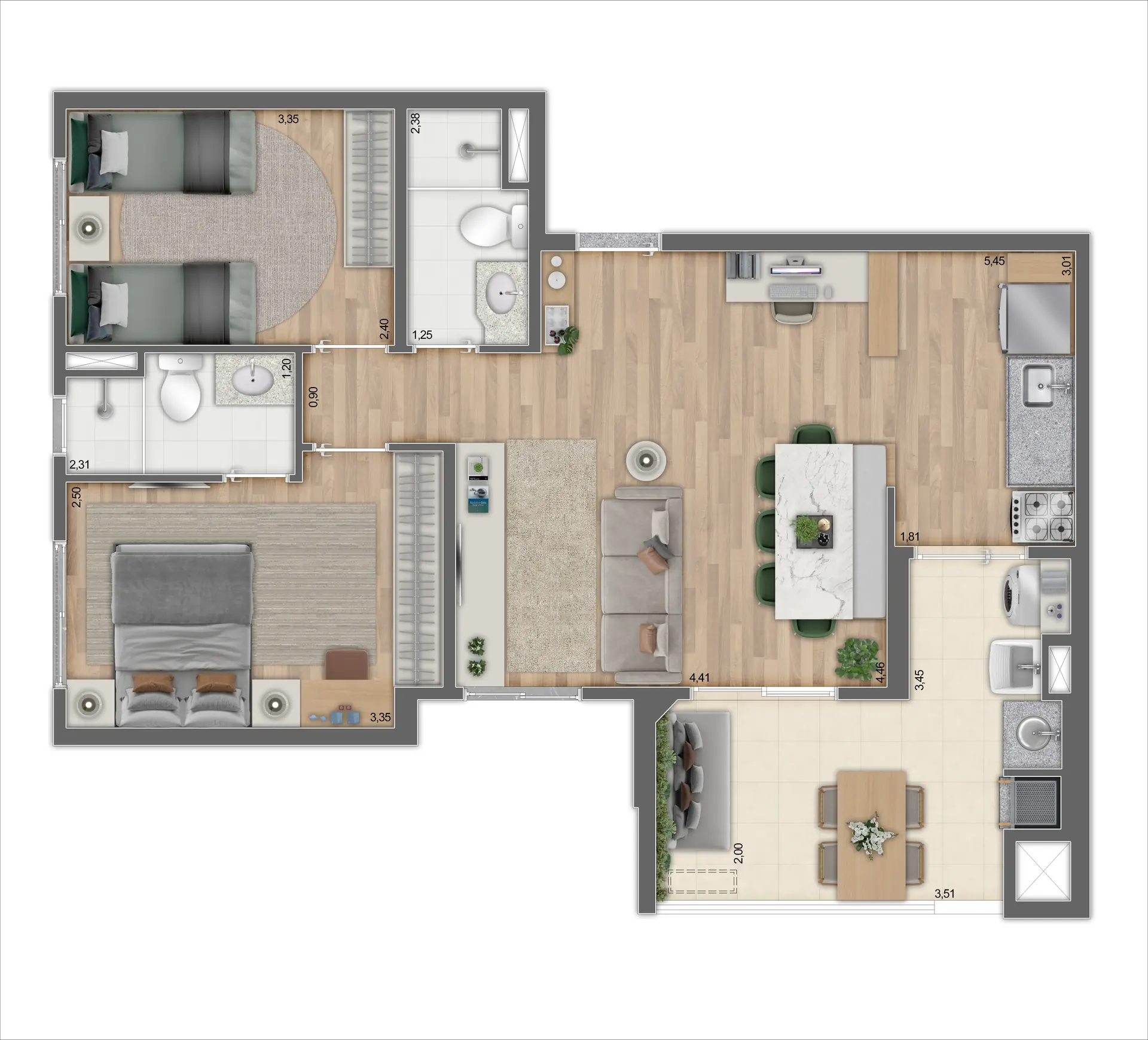 Planta Tipo D Ponta Ampliada   69,56m²