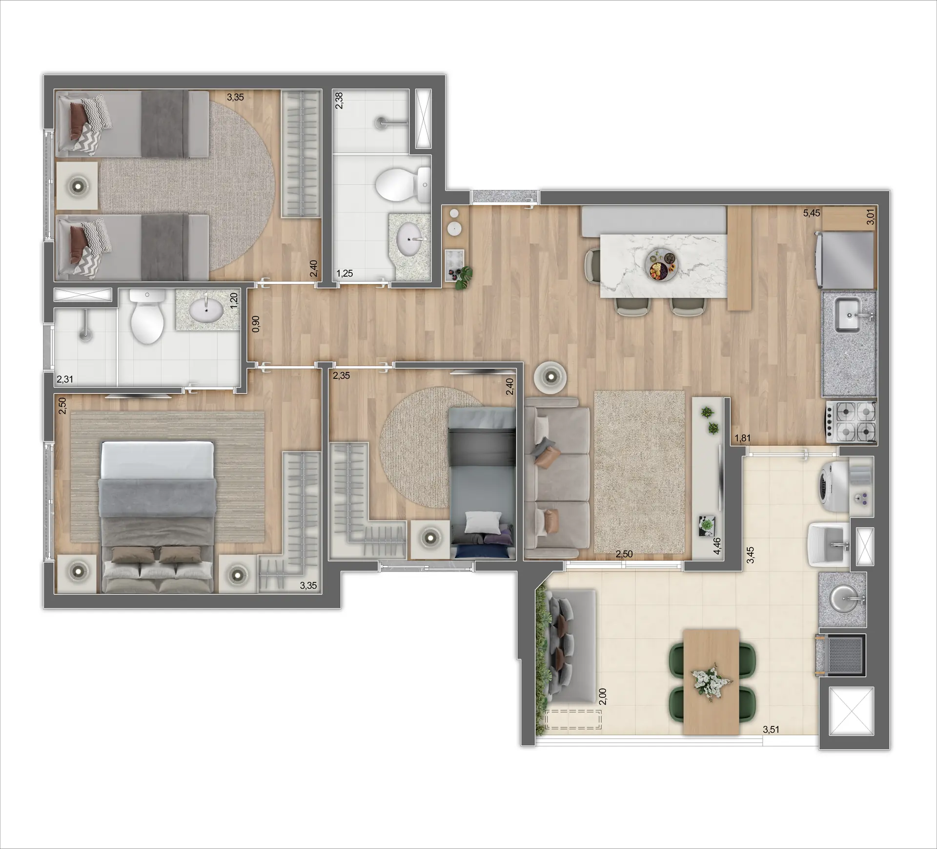 Planta Tipo D Ponta   69,56m²