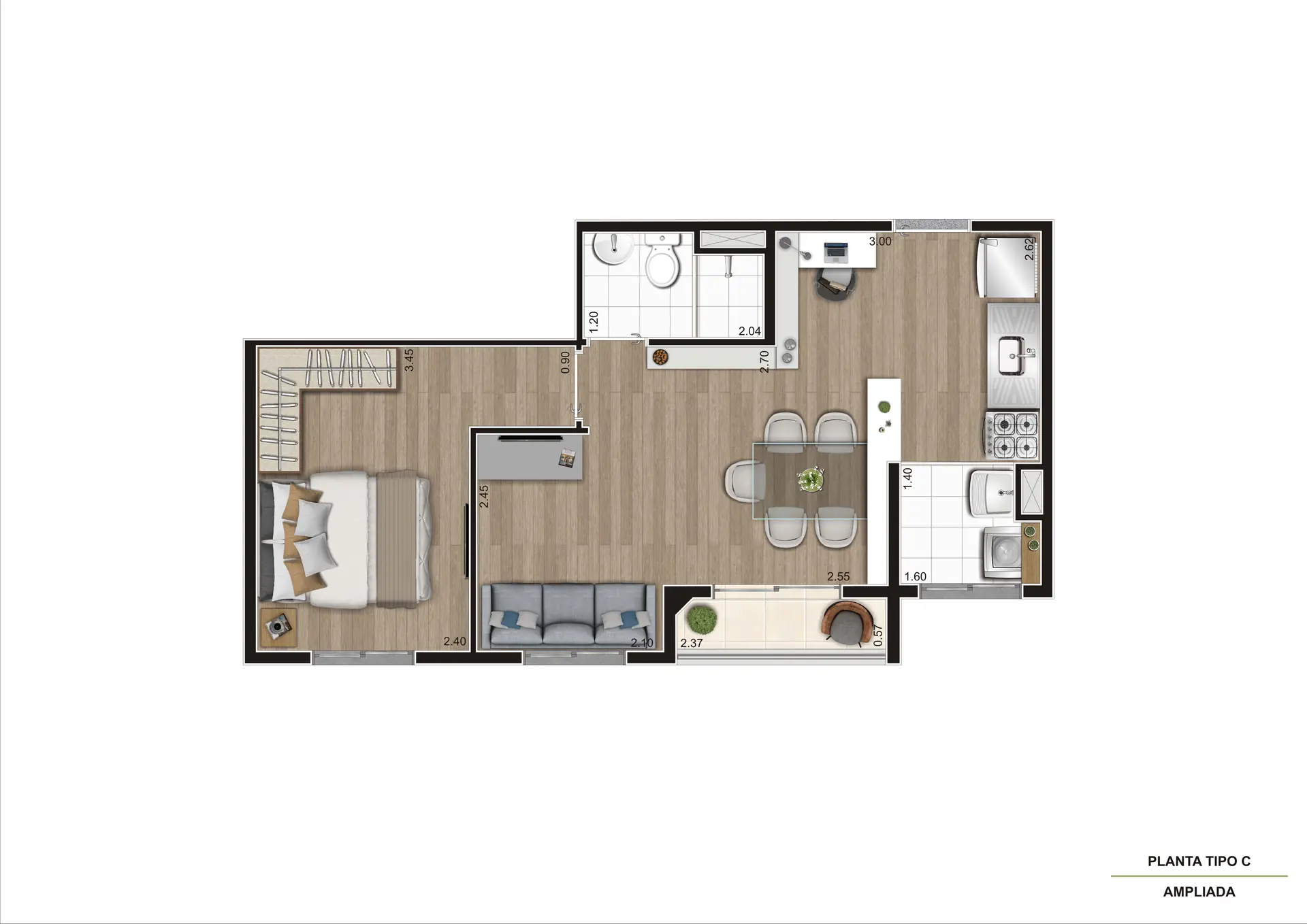 Planta Tipo C Meio Ampliada   39,22M²