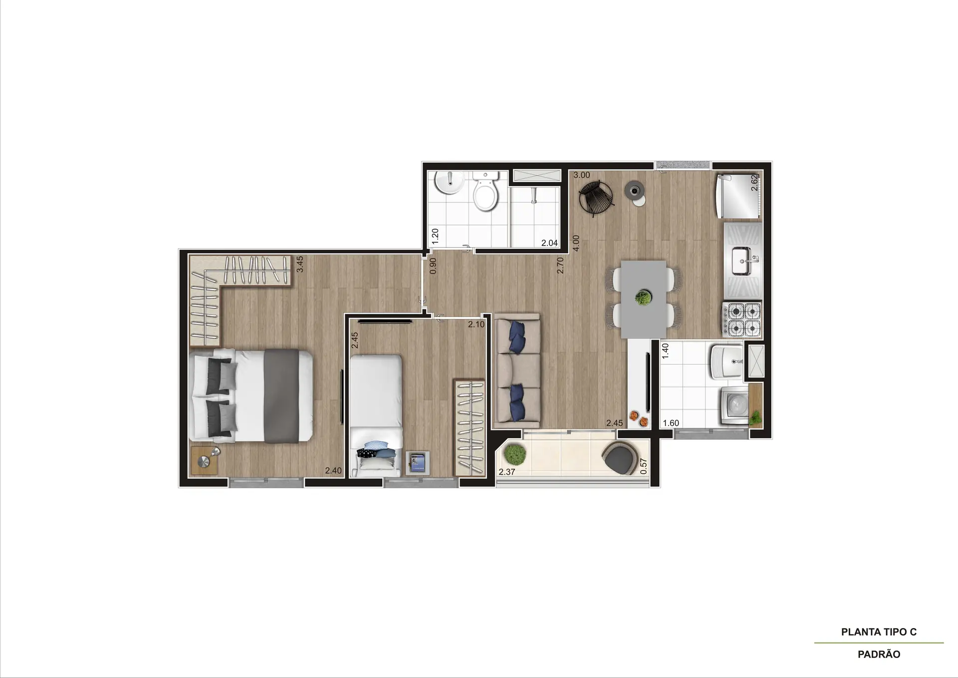 Planta Tipo C Meio   39,22M²