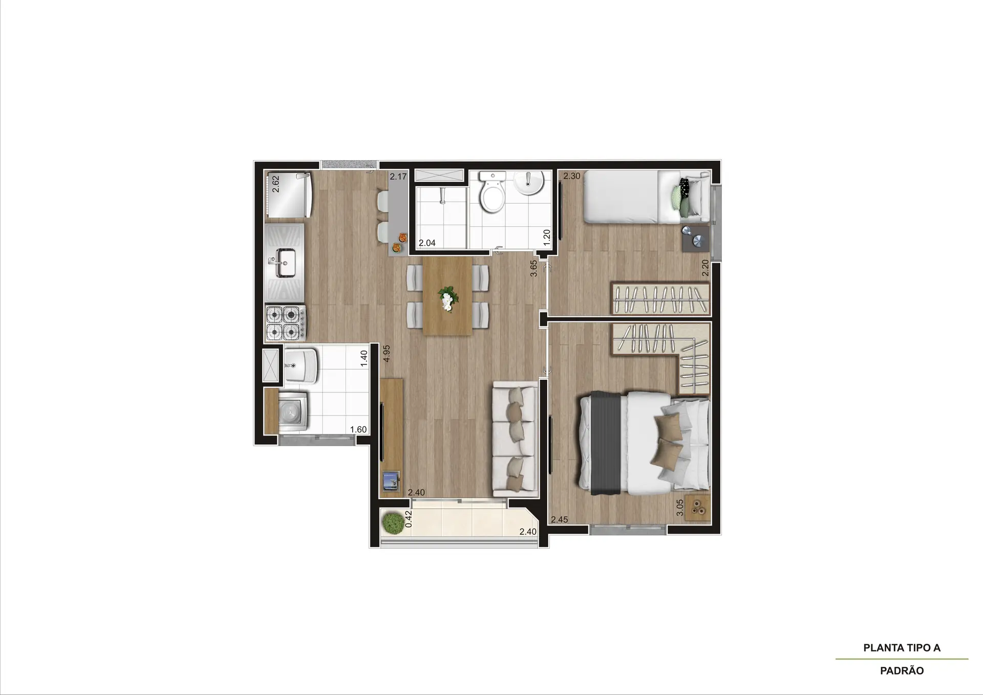 Planta Tipo A Ponta   37,07 M²