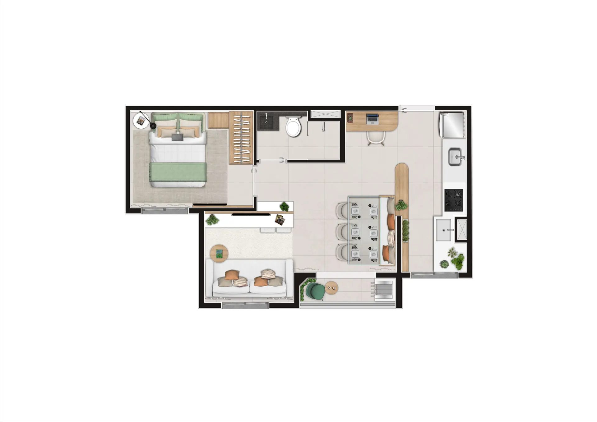 Planta Tipo D Meio Ampliada Decorado   37,48M²