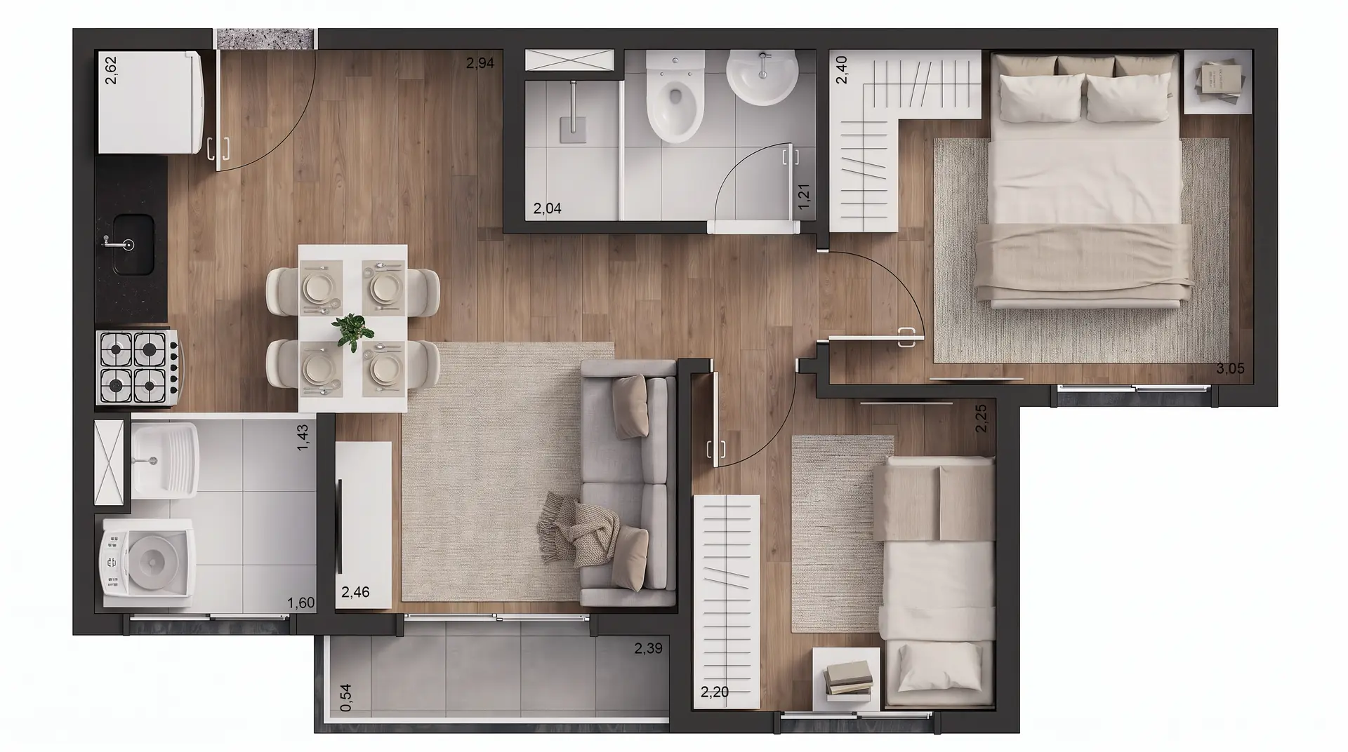 Tipo B - 37m² - 2 dorms com terraço