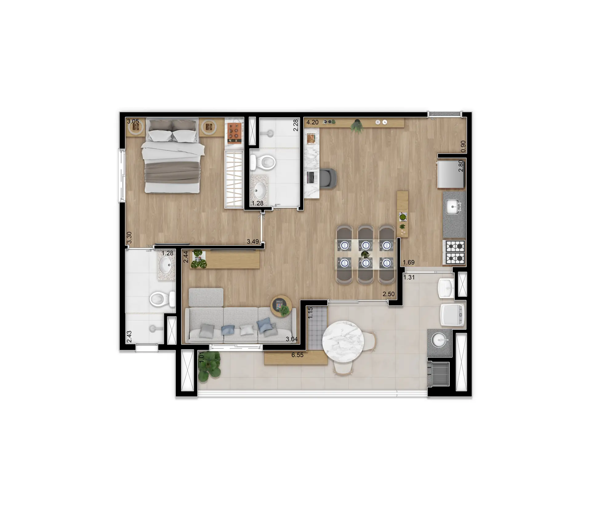 Planta Opção Ponta Final 01 e 08 62,85M²
