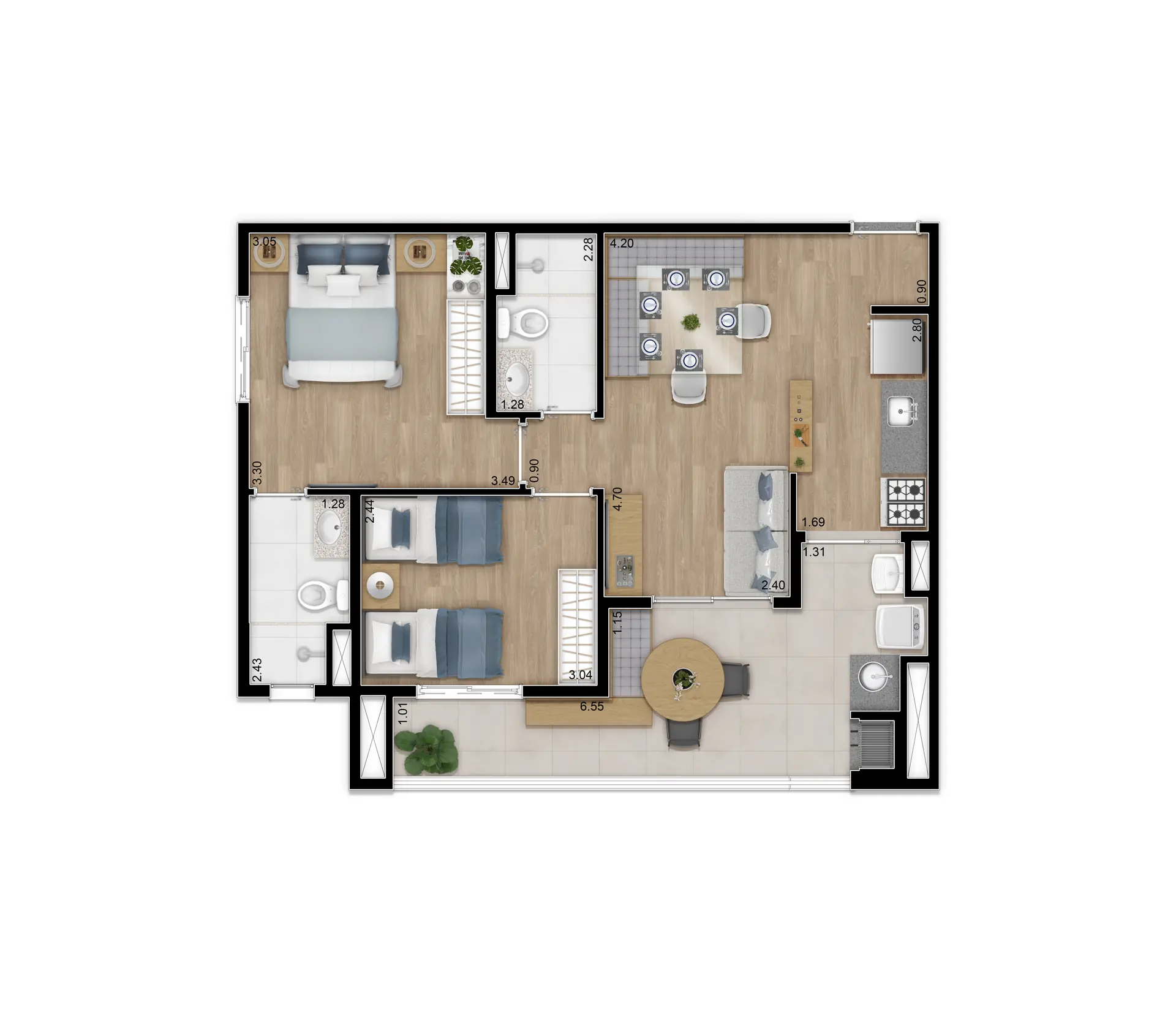 Planta Tipo Ponta Final 01 e 08 62.85M²