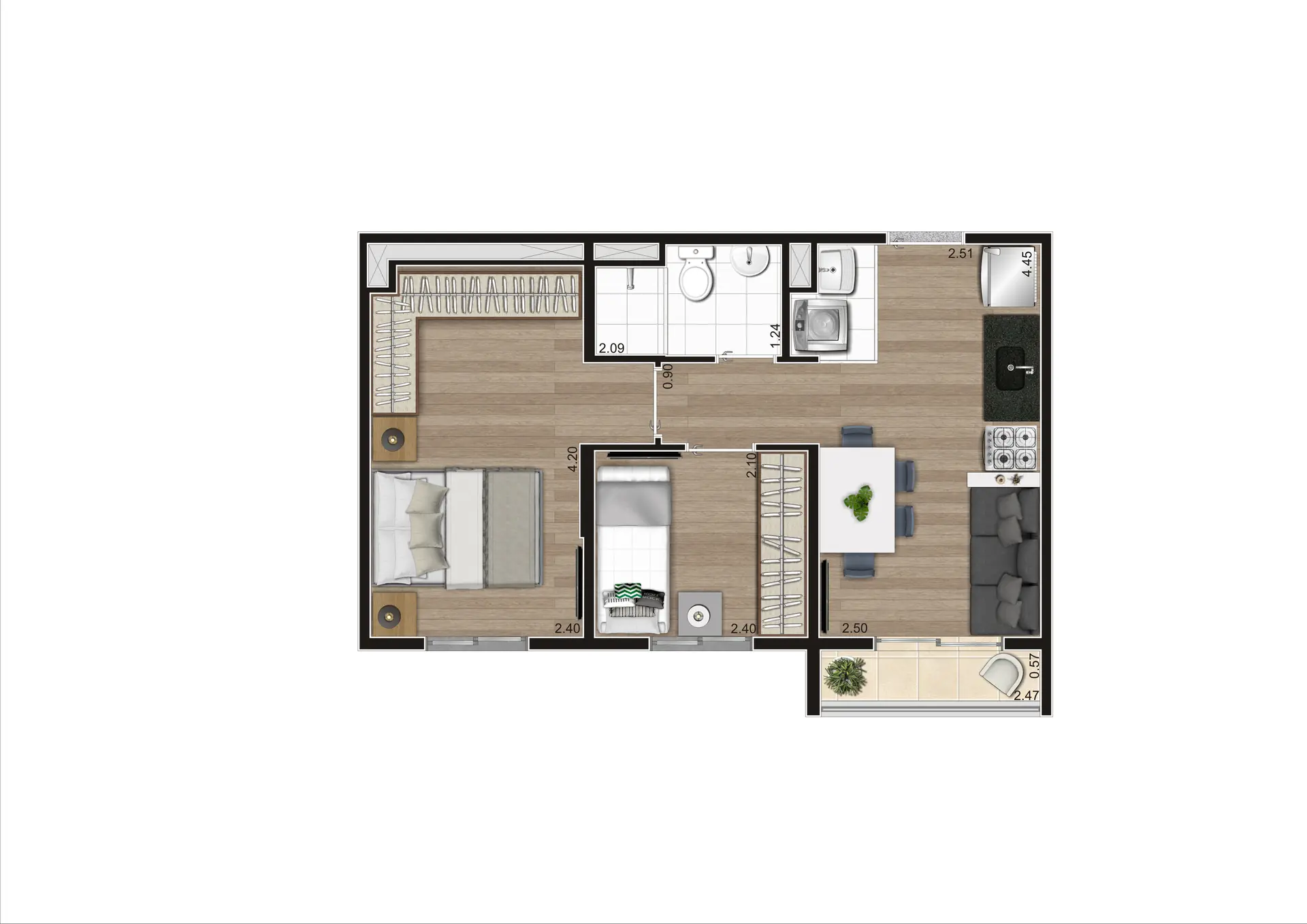 Planta Tipo D Meio   38,74 M²