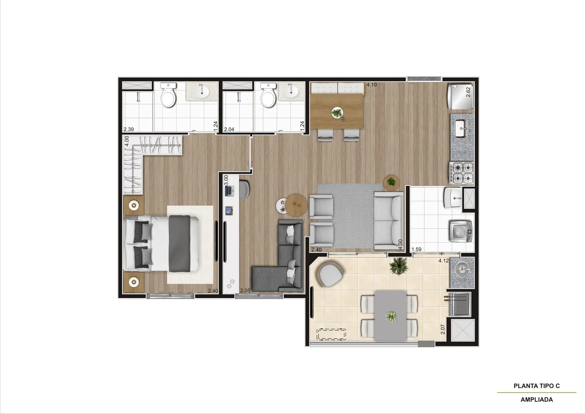 Planta Tipo C Ampliada 56M²