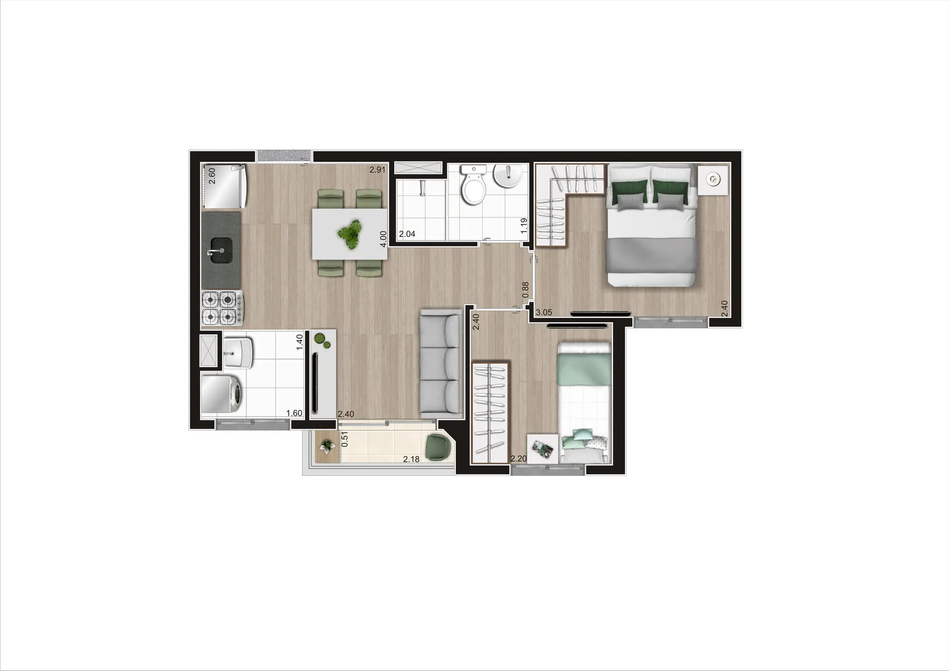 Planta Tipo A Meio   Finais 04, 05 e 13   37,41M²