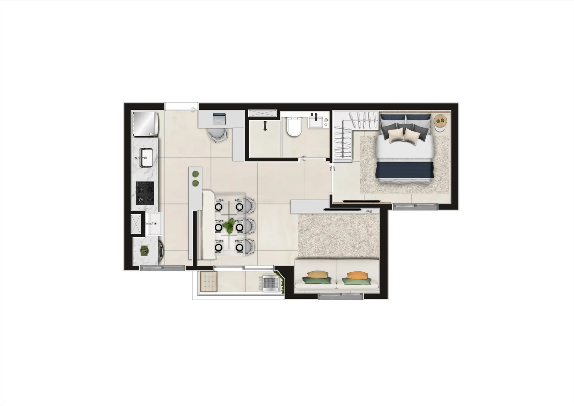 Planta Tipo decorado Meio Ampliada   Final 04, 05 e 13  37,41M²