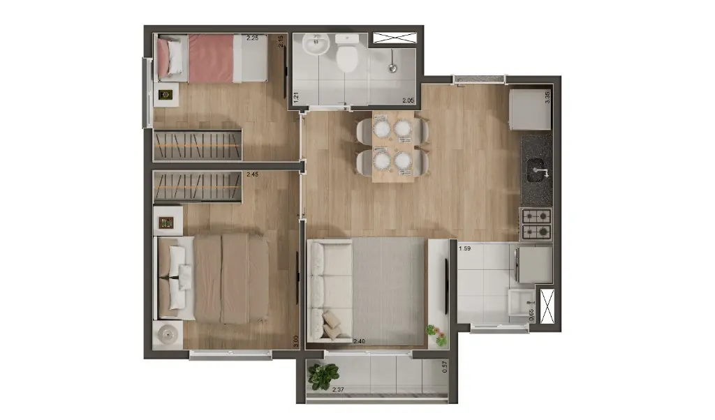 Planta Tipo A - 37m² - 2 dormitórios com terraço
