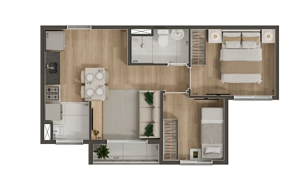 Planta Tipo B - 37m² - 2 dormitórios com terraço