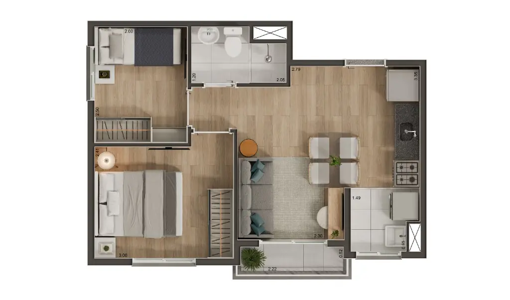 Planta Tipo C - 35m² - 2 dormitórios com terraço