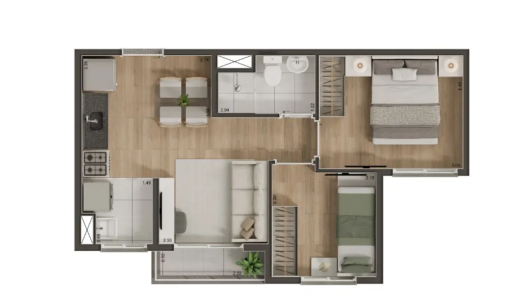 Planta Tipo D - 35m² - 2 dormitórios com terraço
