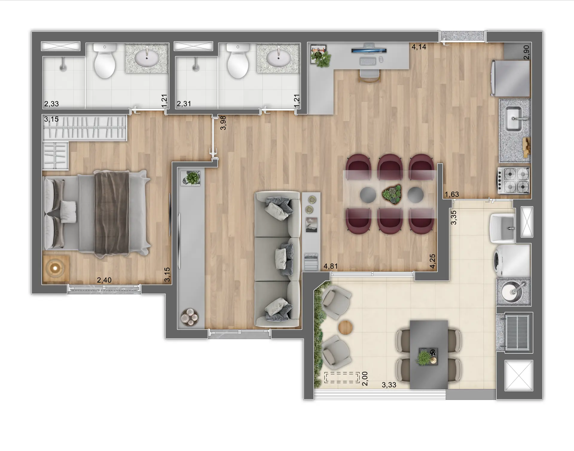 Planta Tipo B Meio Ampliada   54,92M²