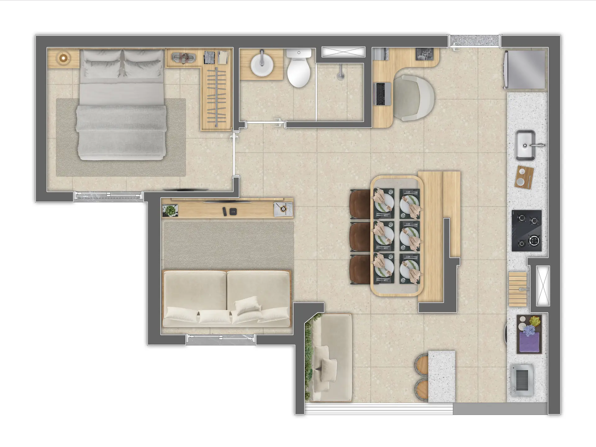 Planta Decorado Tipo A Meio   44,55M²