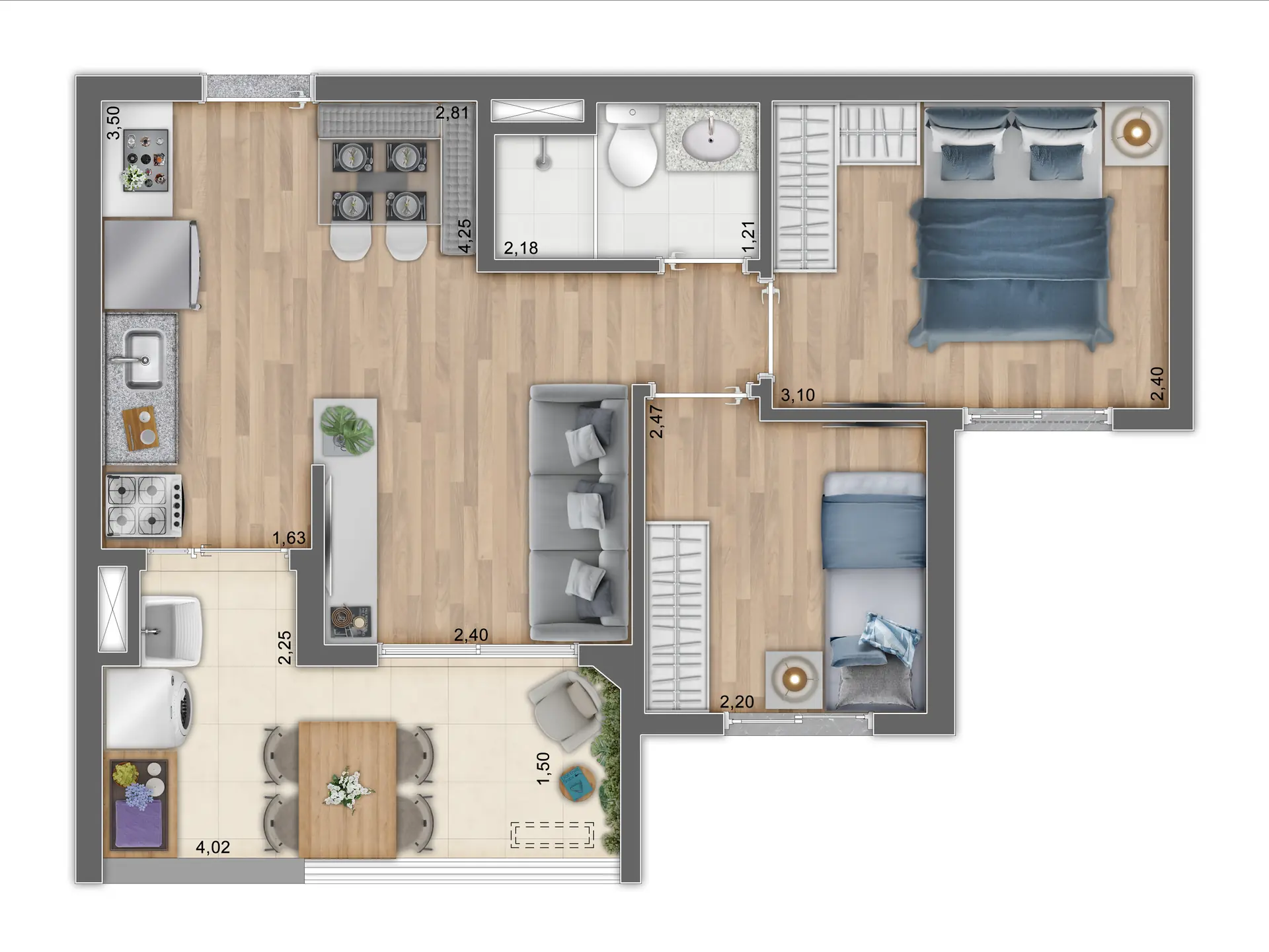 Planta Tipo A Meio   44,55M²